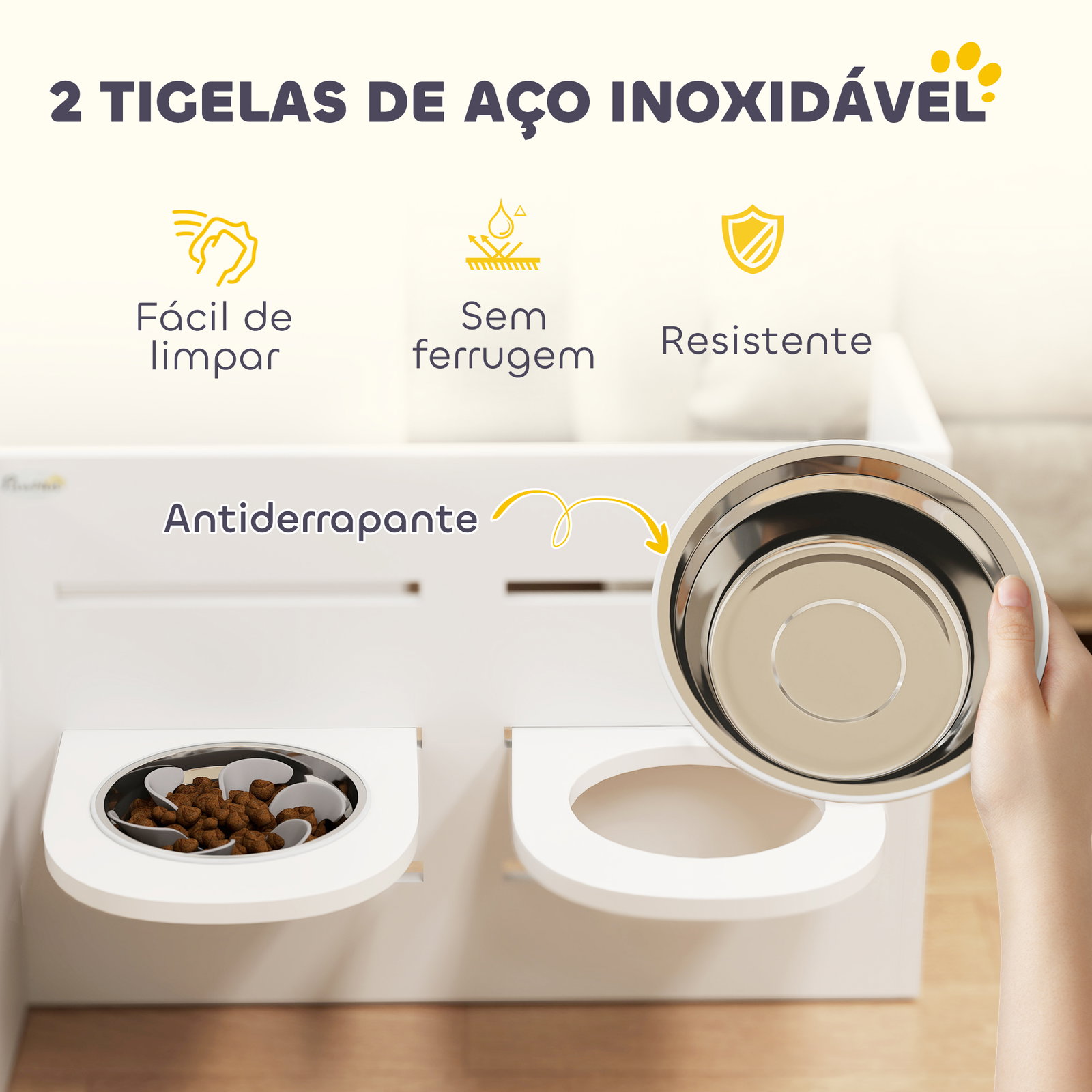 Comedouro para cães elevado com 3 alturas 2 tigelas 2x1l e sistema de alimentação lenta 63x58,5x40 cm branco