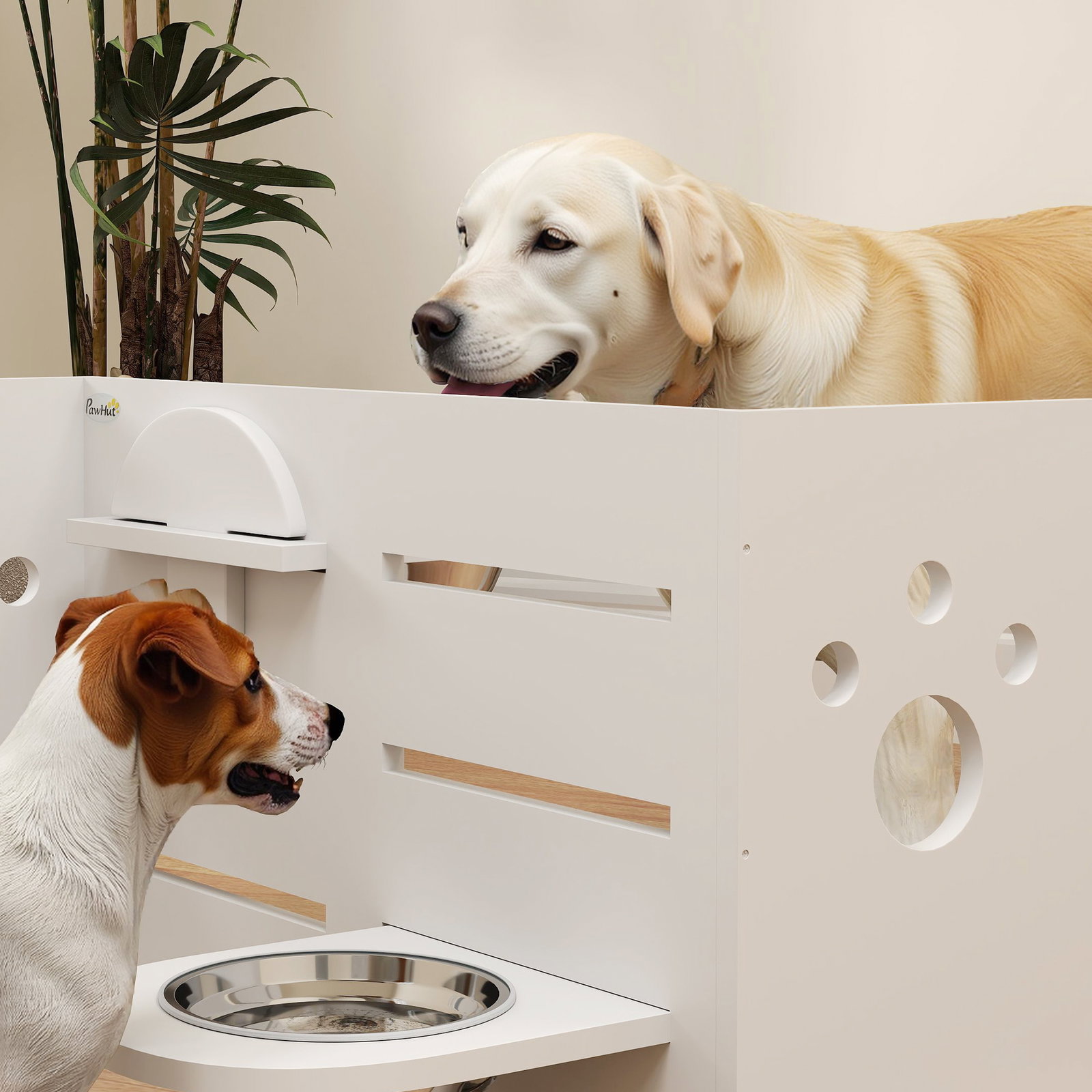 Comedouro para cães elevado com 3 alturas 2 tigelas 2x1l e sistema de alimentação lenta 63x58,5x40 cm branco