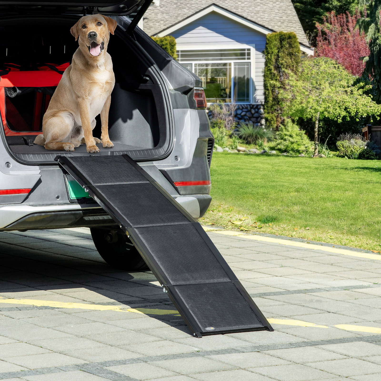 Rampa dobrável para cães com superfície antiderrapante alça e gancho carga máxima 60 kg 158x43,5x2,5 cm preto