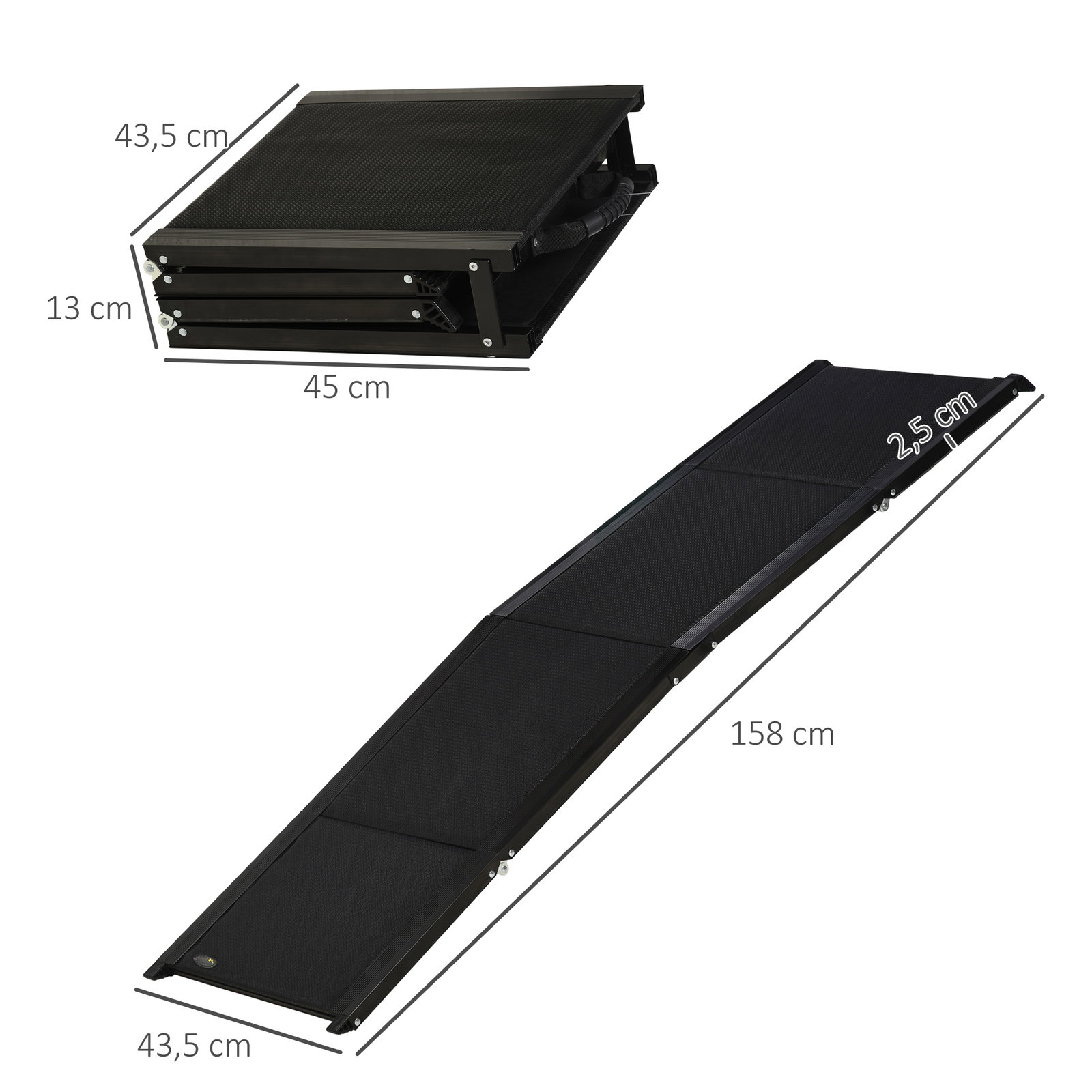 Rampa dobrável para cães com superfície antiderrapante alça e gancho carga máxima 60 kg 158x43,5x2,5 cm preto