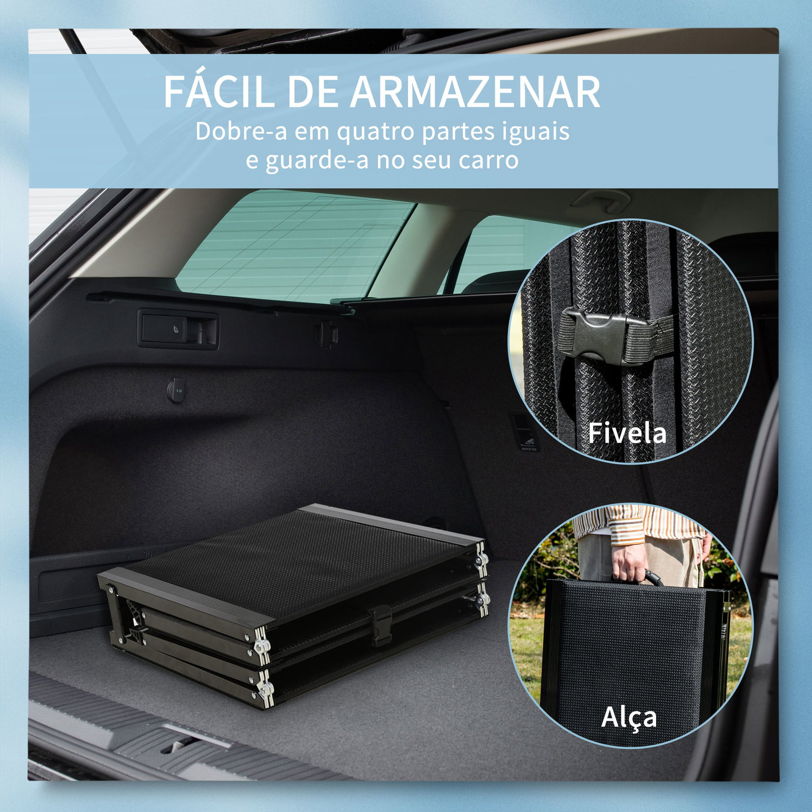 Rampa dobrável para cães com superfície antiderrapante alça e gancho carga máxima 60 kg 158x43,5x2,5 cm preto