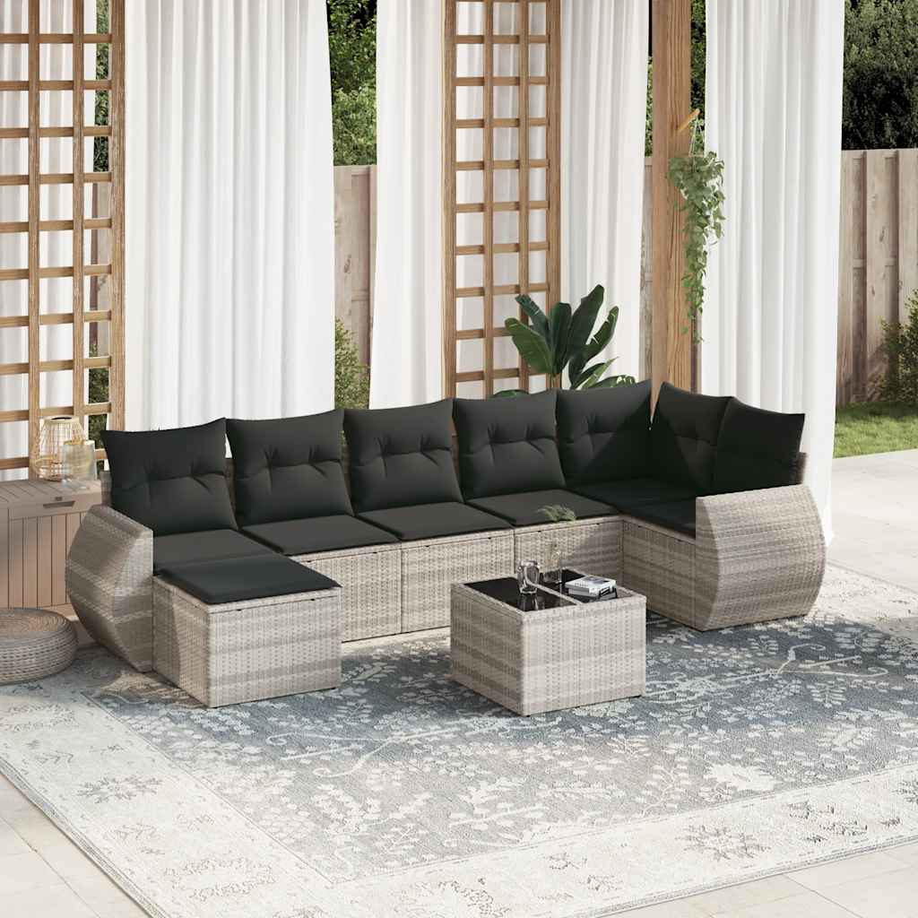 8 Pcs conj. sofás jardim c/ almofadões vime PE cinzento-claro