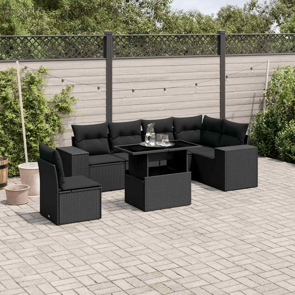 7 Pcs conjunto de sofás p/ jardim c/ almofadões vime PE preto