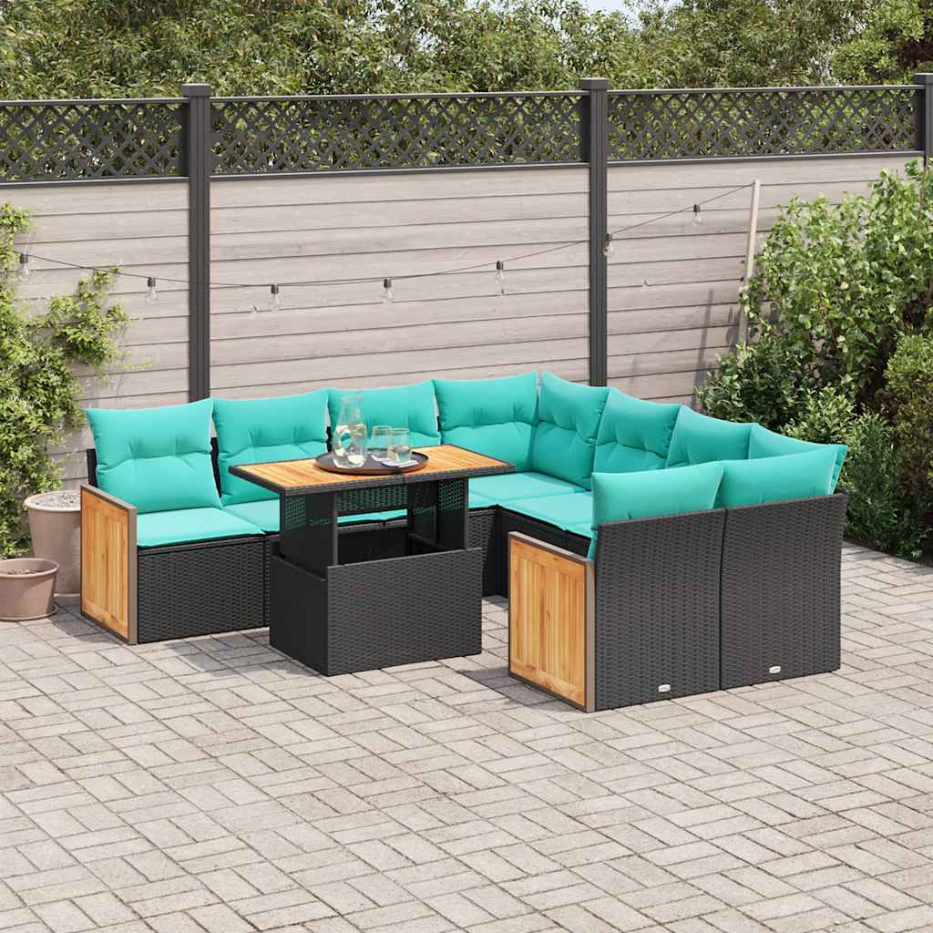 9 Pcs conjunto sofás p/ jardim almofadões vime PE/acácia preto