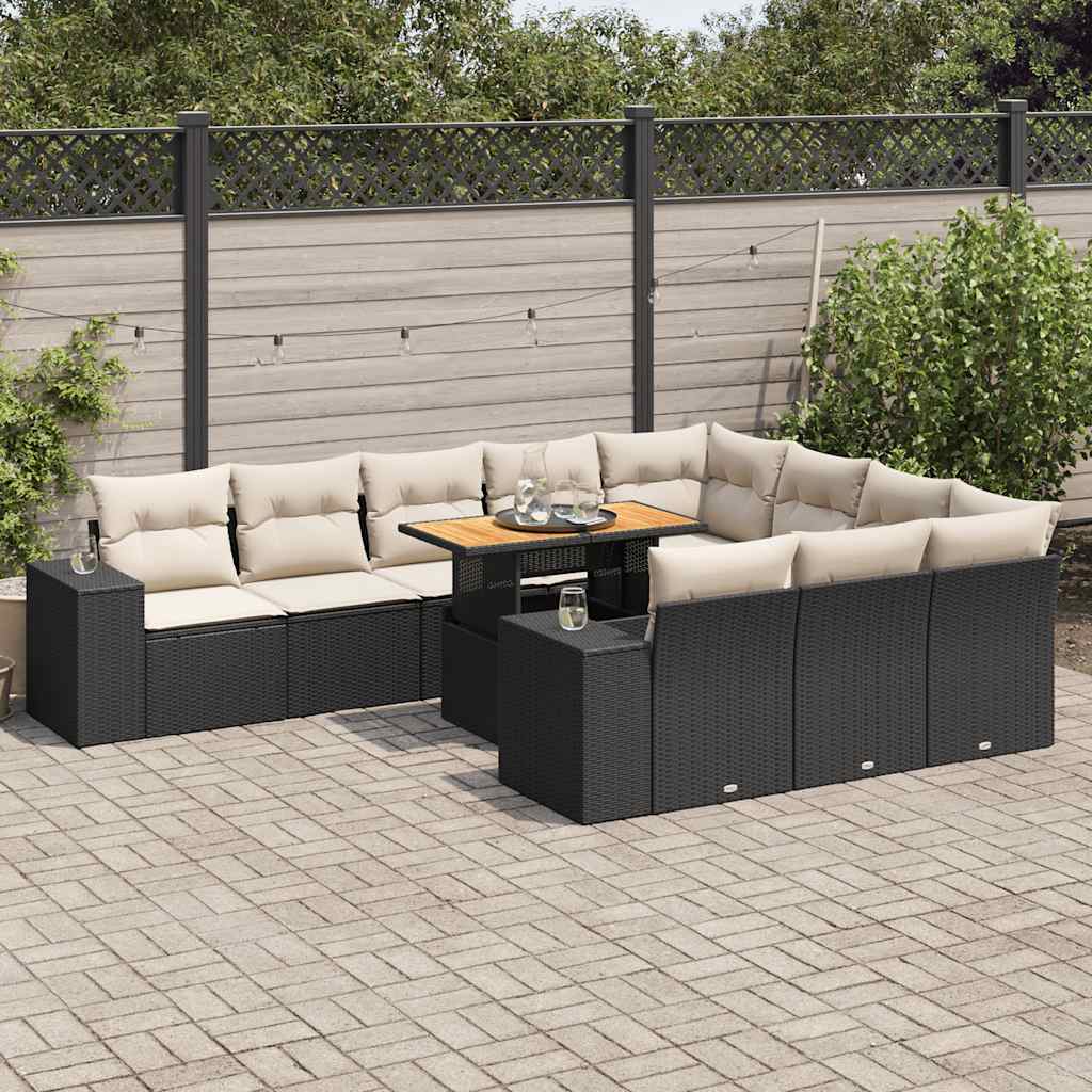 10 Pcs conjunto sofás jardim c/ almofadões vime PE/acácia preto
