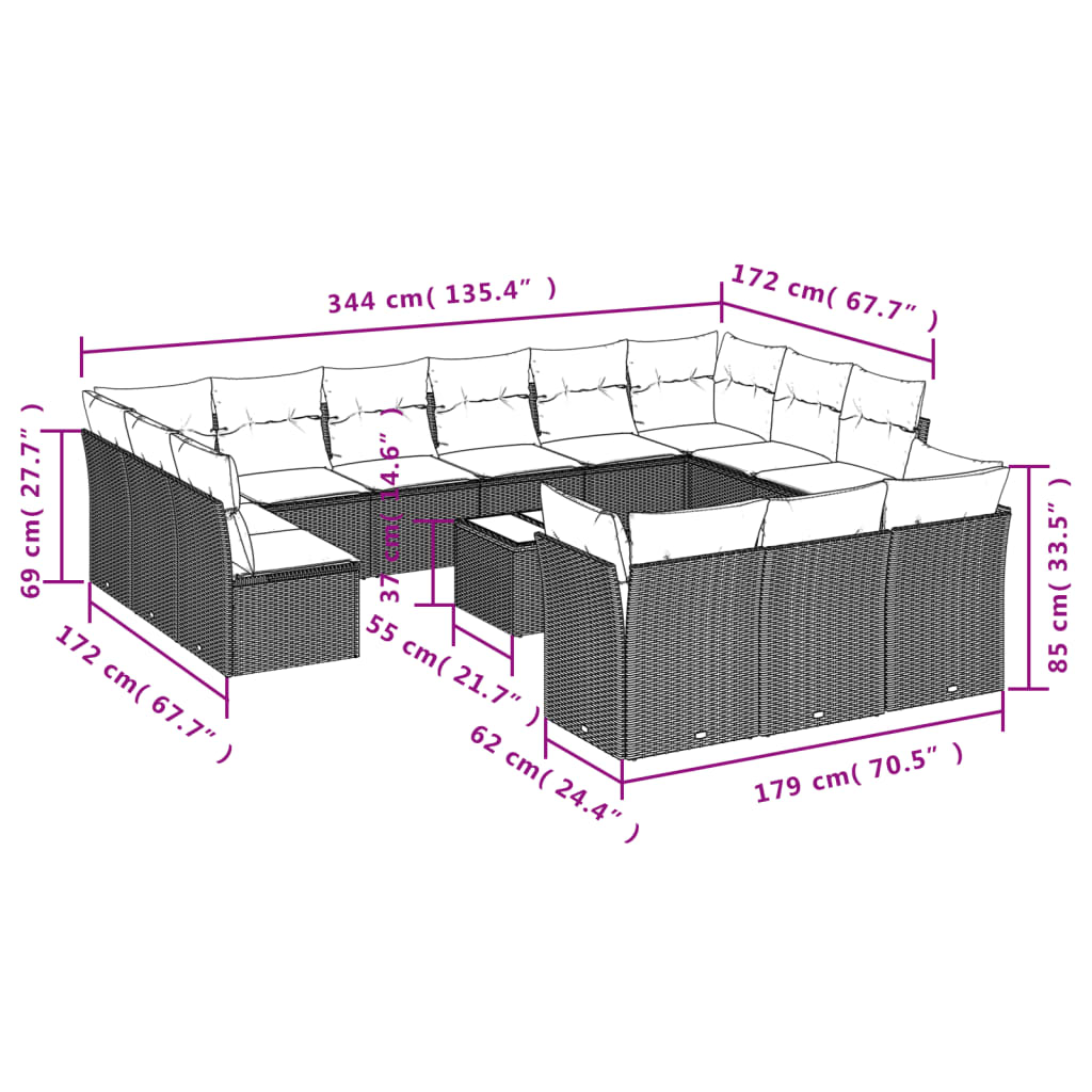 14 Pcs conjunto sofás p/ jardim c/ almofadões vime PE cinzento