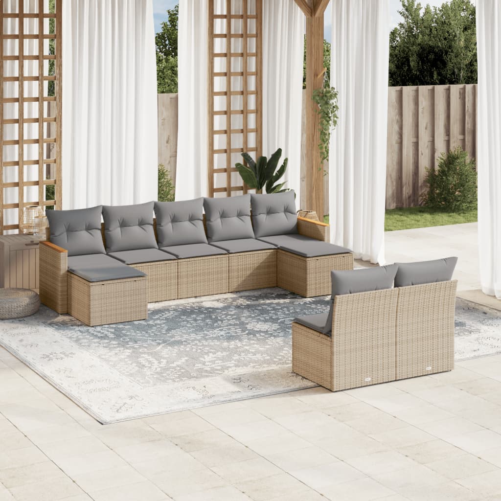 9 Pcs conjunto de sofás p/ jardim com almofadões vime PE bege