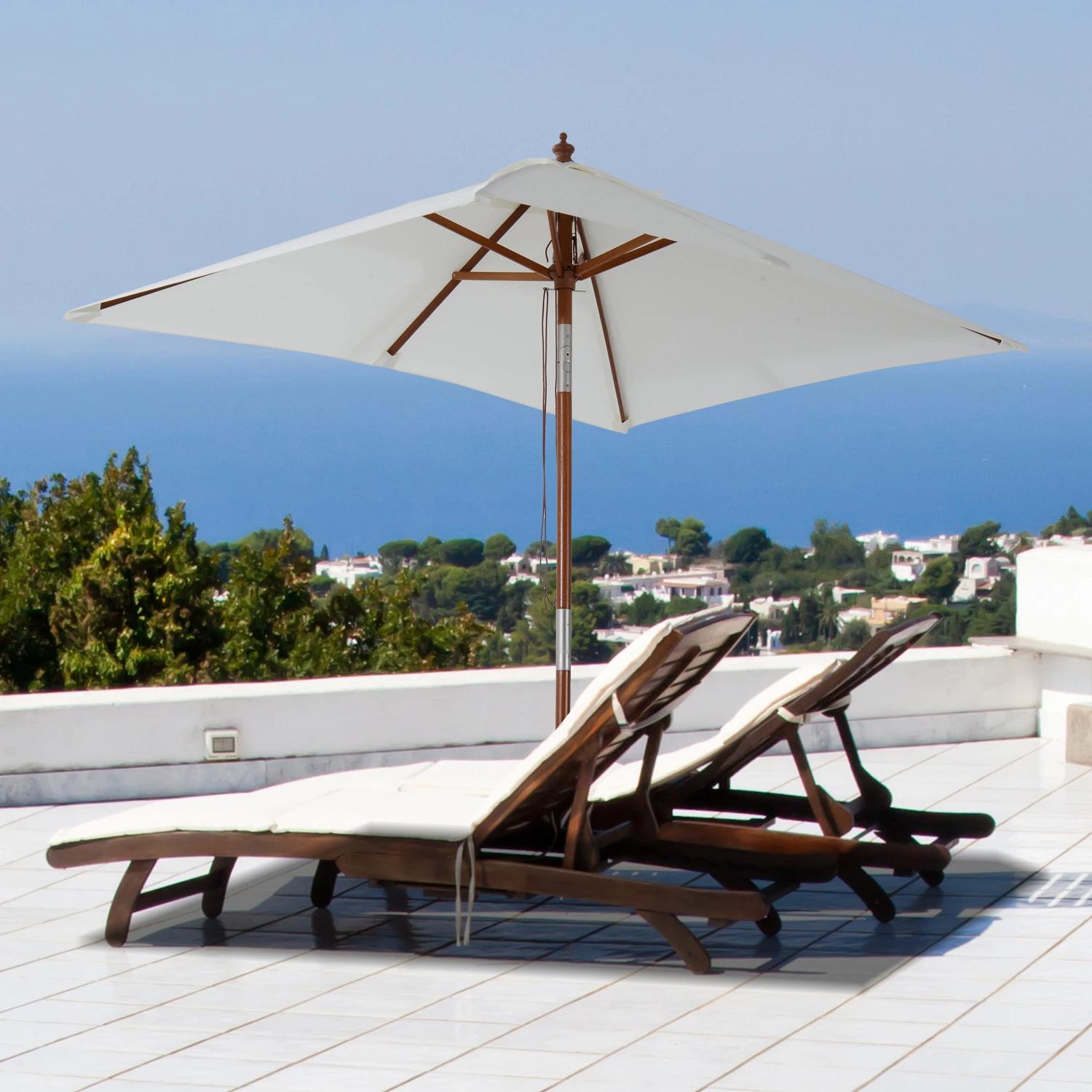 Chapéu de Sol de Jardim 200x150x230cm Chapéu de Sol Retangular Inclinável com Polia Duplo Teto e Mastro Desmontável de Madeira p