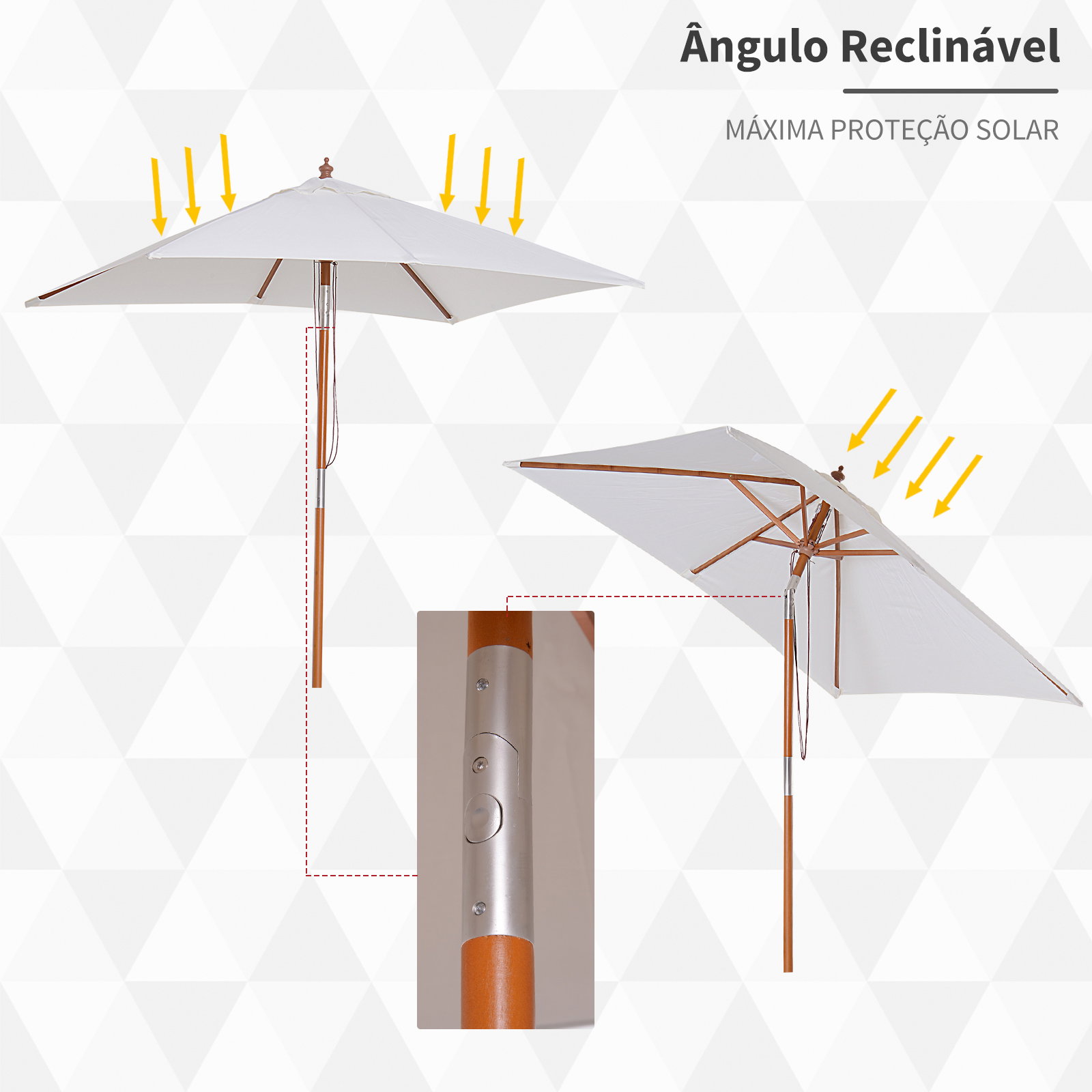 Chapéu de Sol de Jardim 200x150x230cm Chapéu de Sol Retangular Inclinável com Polia Duplo Teto e Mastro Desmontável de Madeira p