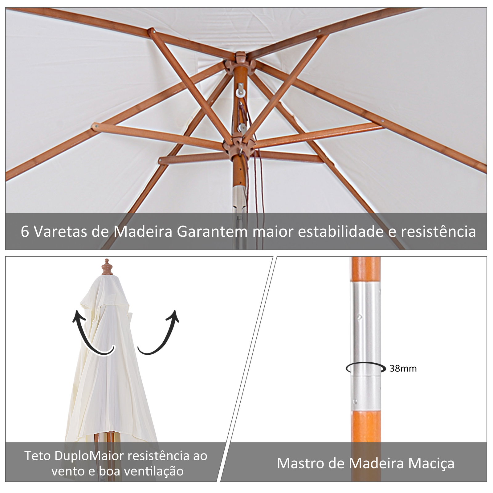 Chapéu de Sol de Jardim 200x150x230cm Chapéu de Sol Retangular Inclinável com Polia Duplo Teto e Mastro Desmontável de Madeira p