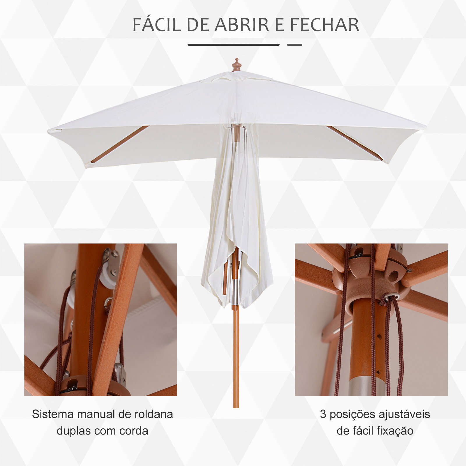 Chapéu de Sol de Jardim 200x150x230cm Chapéu de Sol Retangular Inclinável com Polia Duplo Teto e Mastro Desmontável de Madeira p