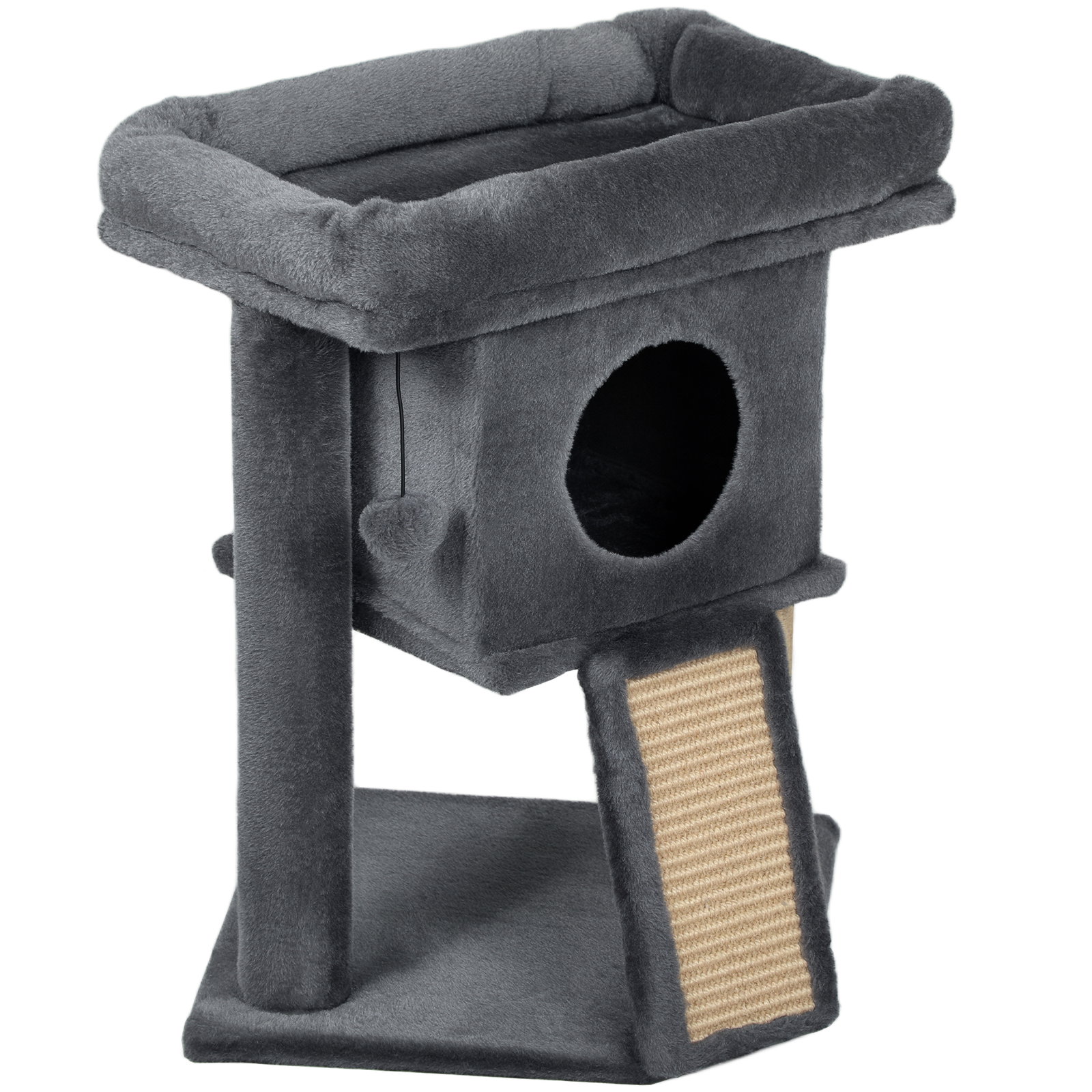 Arranhador para gatos pequenos 57 cm com rampa para arranhar caverna cama e bola suspensa 40x40x57 cm cinzento escuro