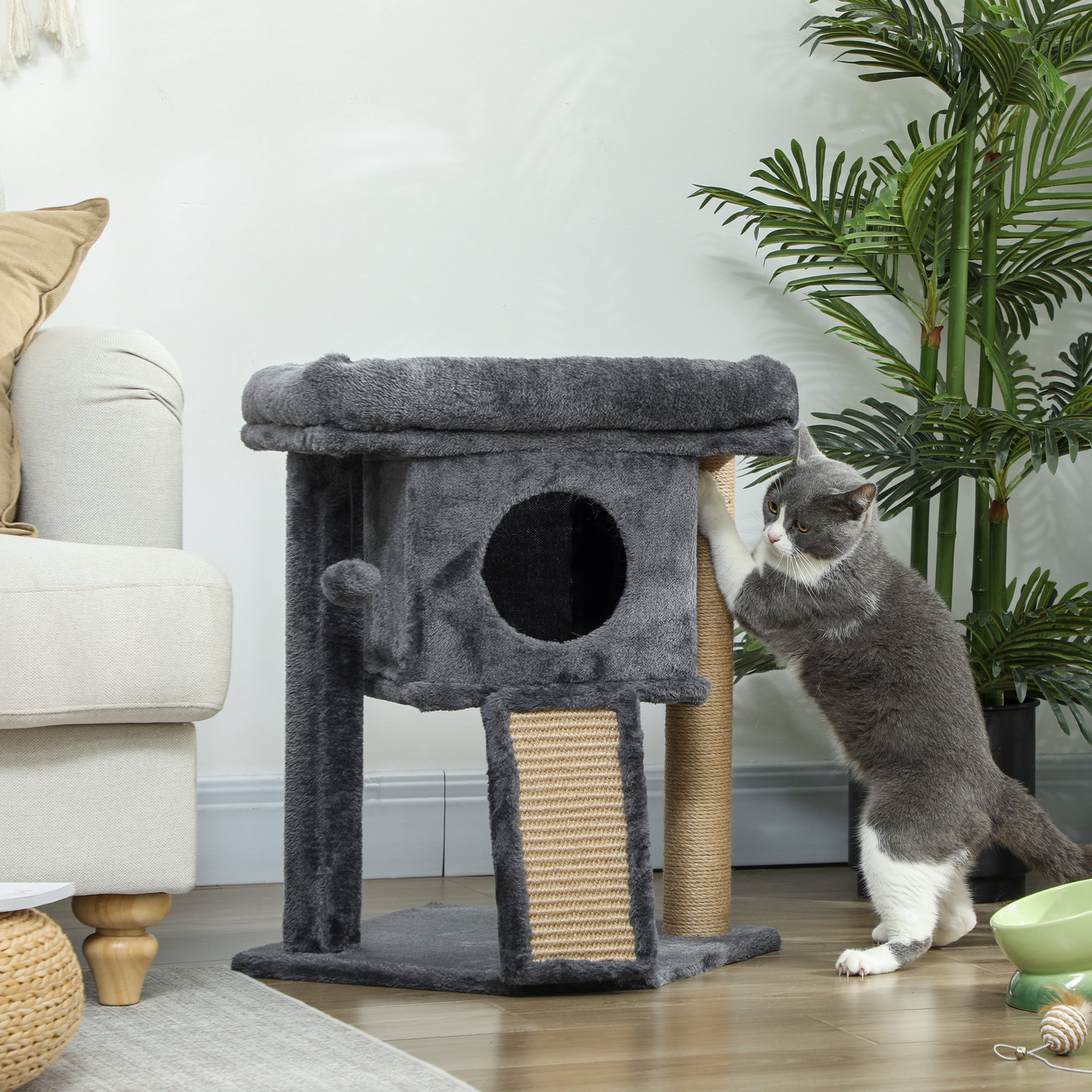 Arranhador para gatos pequenos 57 cm com rampa para arranhar caverna cama e bola suspensa 40x40x57 cm cinzento escuro