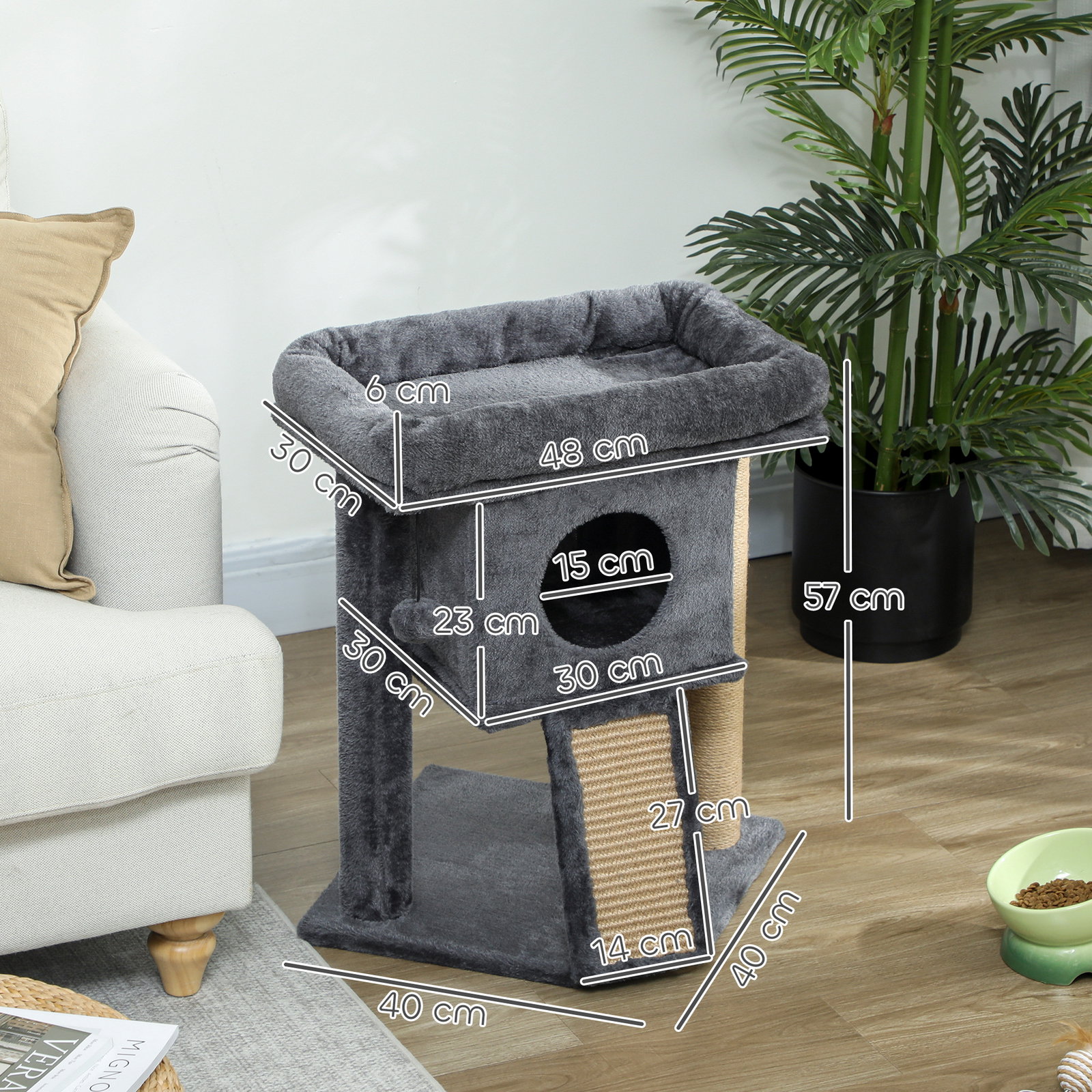 Arranhador para gatos pequenos 57 cm com rampa para arranhar caverna cama e bola suspensa 40x40x57 cm cinzento escuro