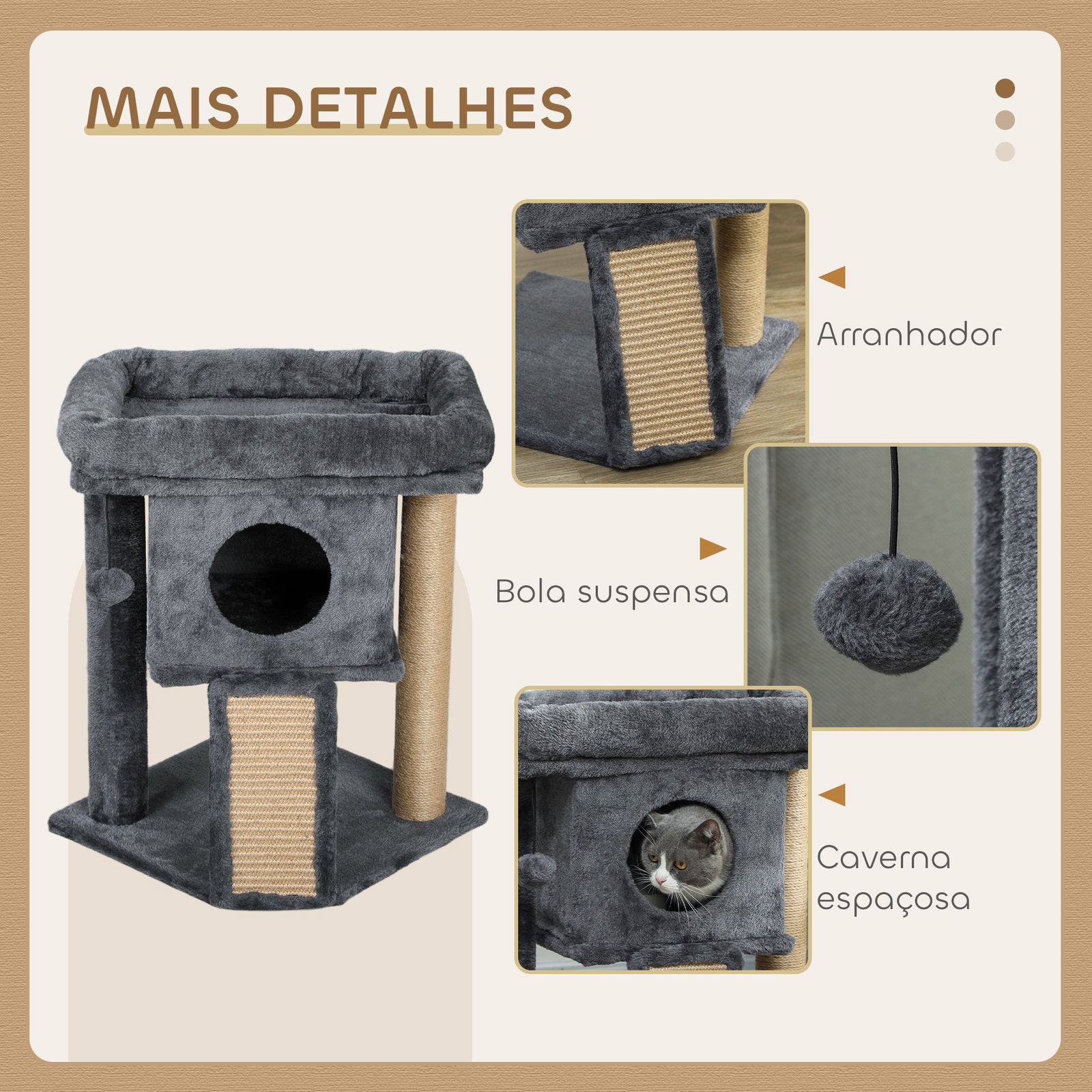 Arranhador para gatos pequenos 57 cm com rampa para arranhar caverna cama e bola suspensa 40x40x57 cm cinzento escuro