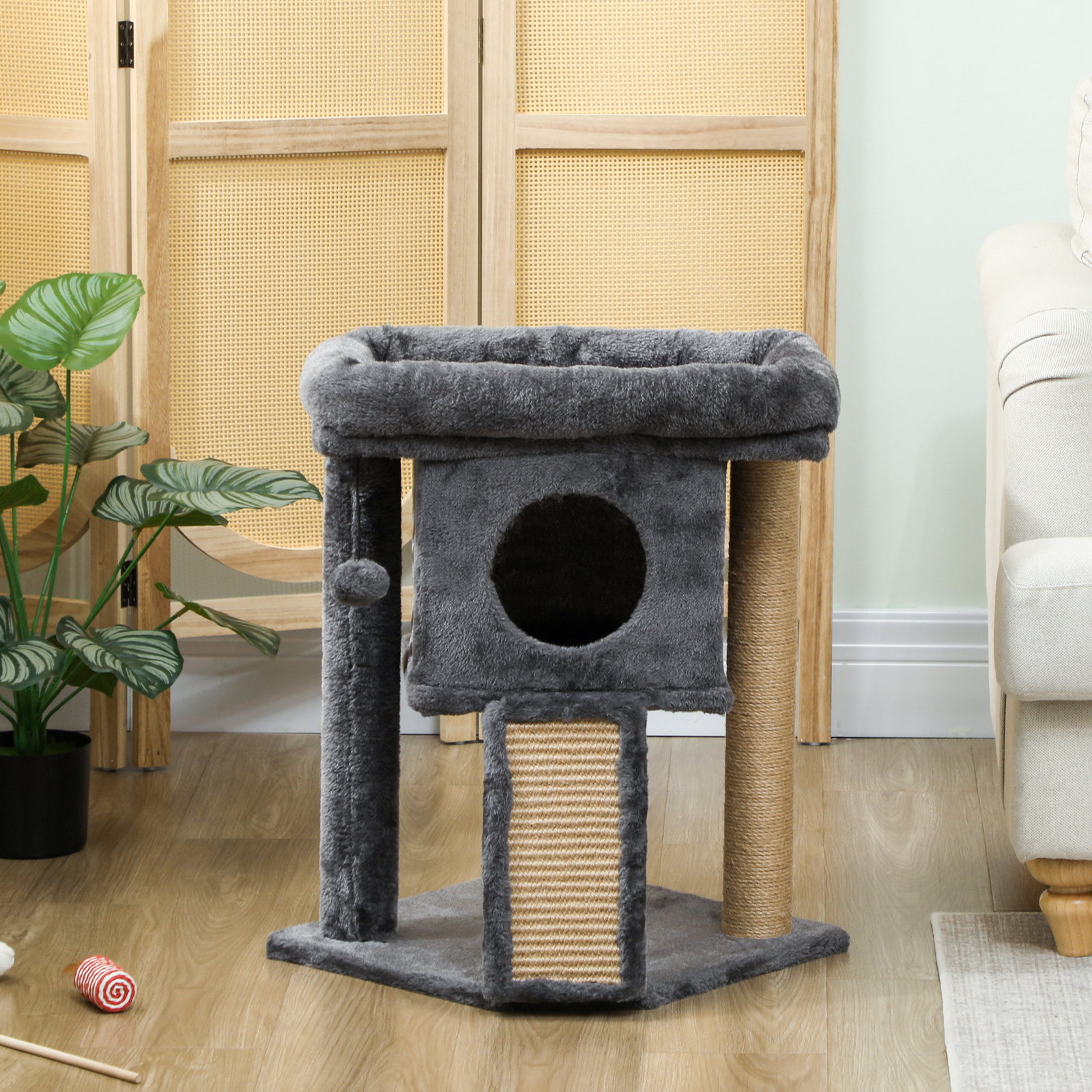 Arranhador para gatos pequenos 57 cm com rampa para arranhar caverna cama e bola suspensa 40x40x57 cm cinzento escuro