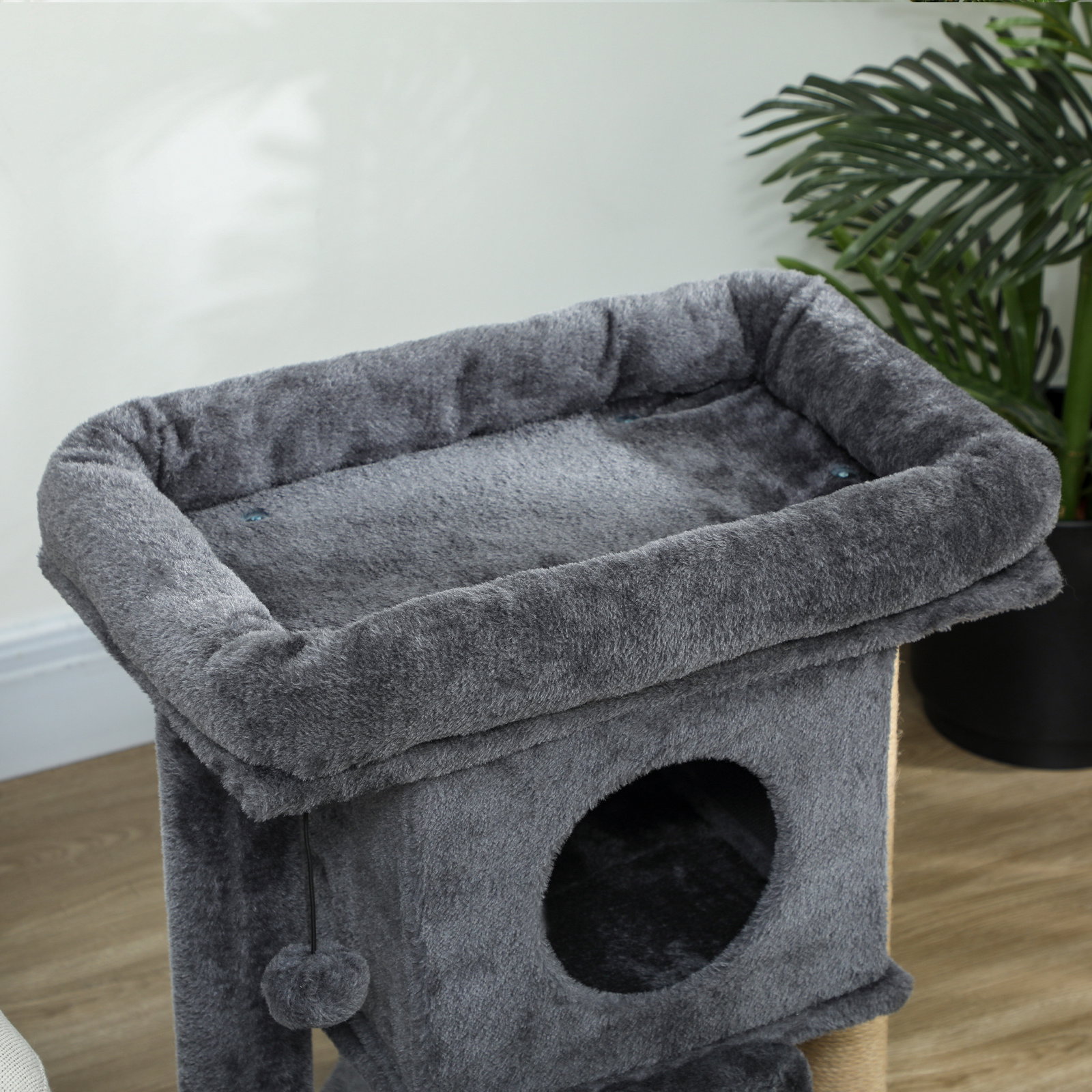 Arranhador para gatos pequenos 57 cm com rampa para arranhar caverna cama e bola suspensa 40x40x57 cm cinzento escuro