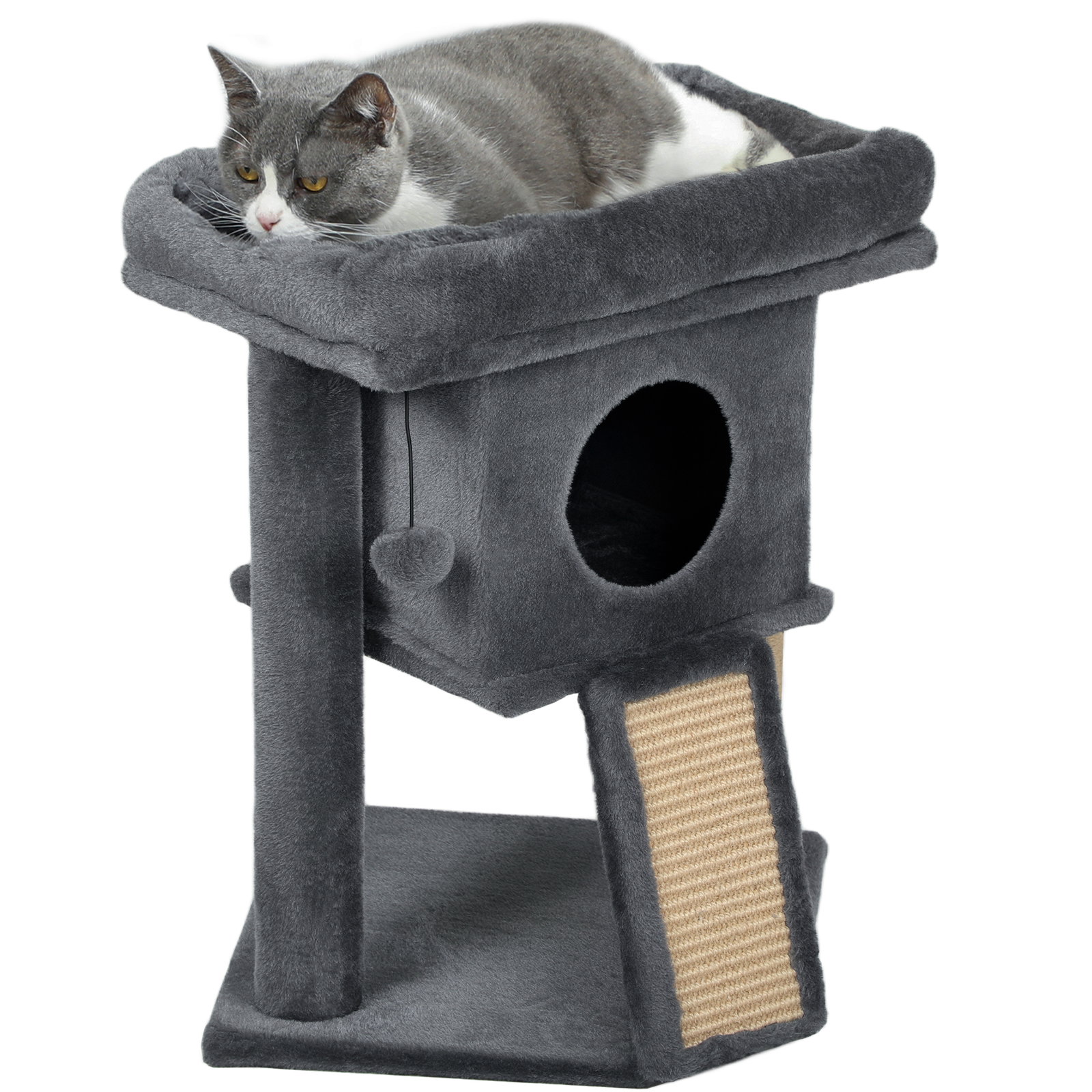 Arranhador para gatos pequenos 57 cm com rampa para arranhar caverna cama e bola suspensa 40x40x57 cm cinzento escuro