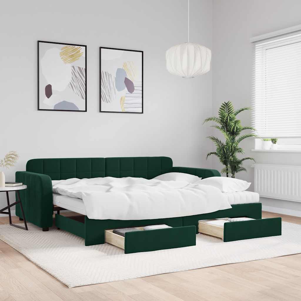 Sofá-cama c/ gavetão e gavetas 90x200 cm veludo verde-escuro