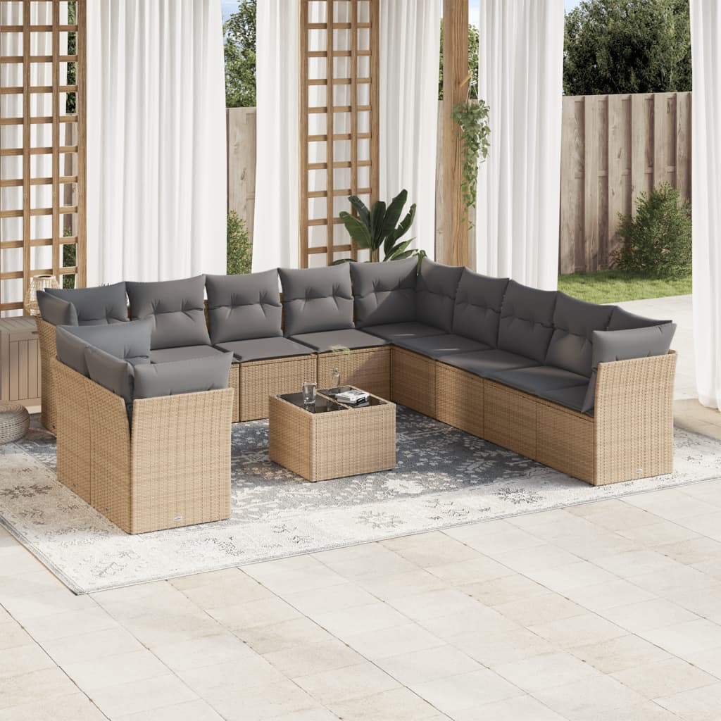 12 Pcs conjunto de sofás p/ jardim com almofadões vime PE bege