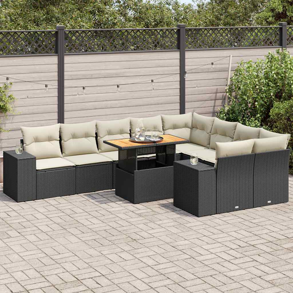 10 Pcs conjunto sofás jardim c/ almofadões vime PE/acácia preto