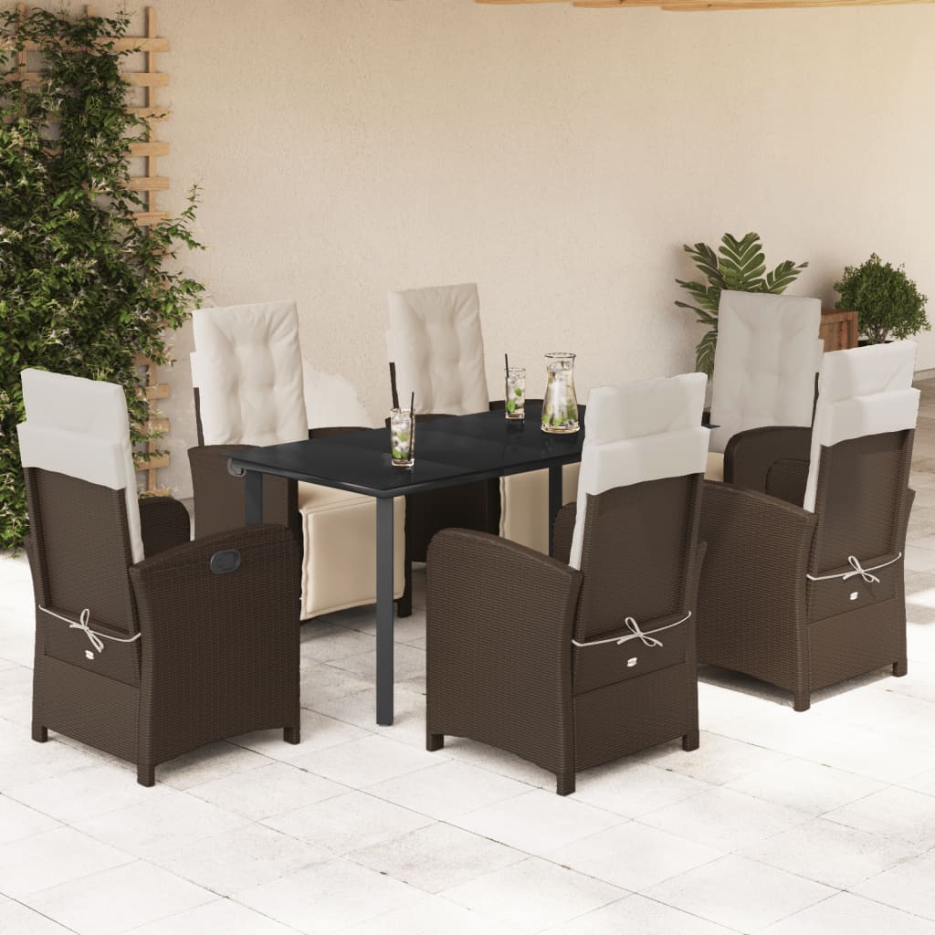7 Pcs conjunto jantar p/ jardim c/ almofadões vime PE castanho