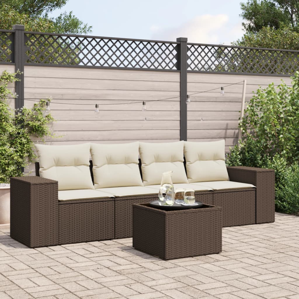 5 Pcs conjunto sofás p/ jardim c/ almofadões vime PE castanho
