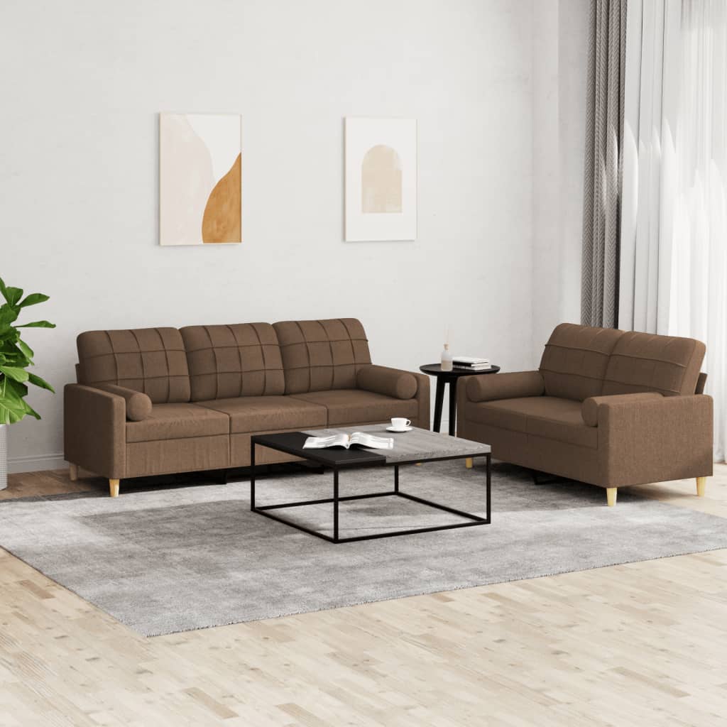 2 Pcs conjunto de sofás com almofadas tecido castanho