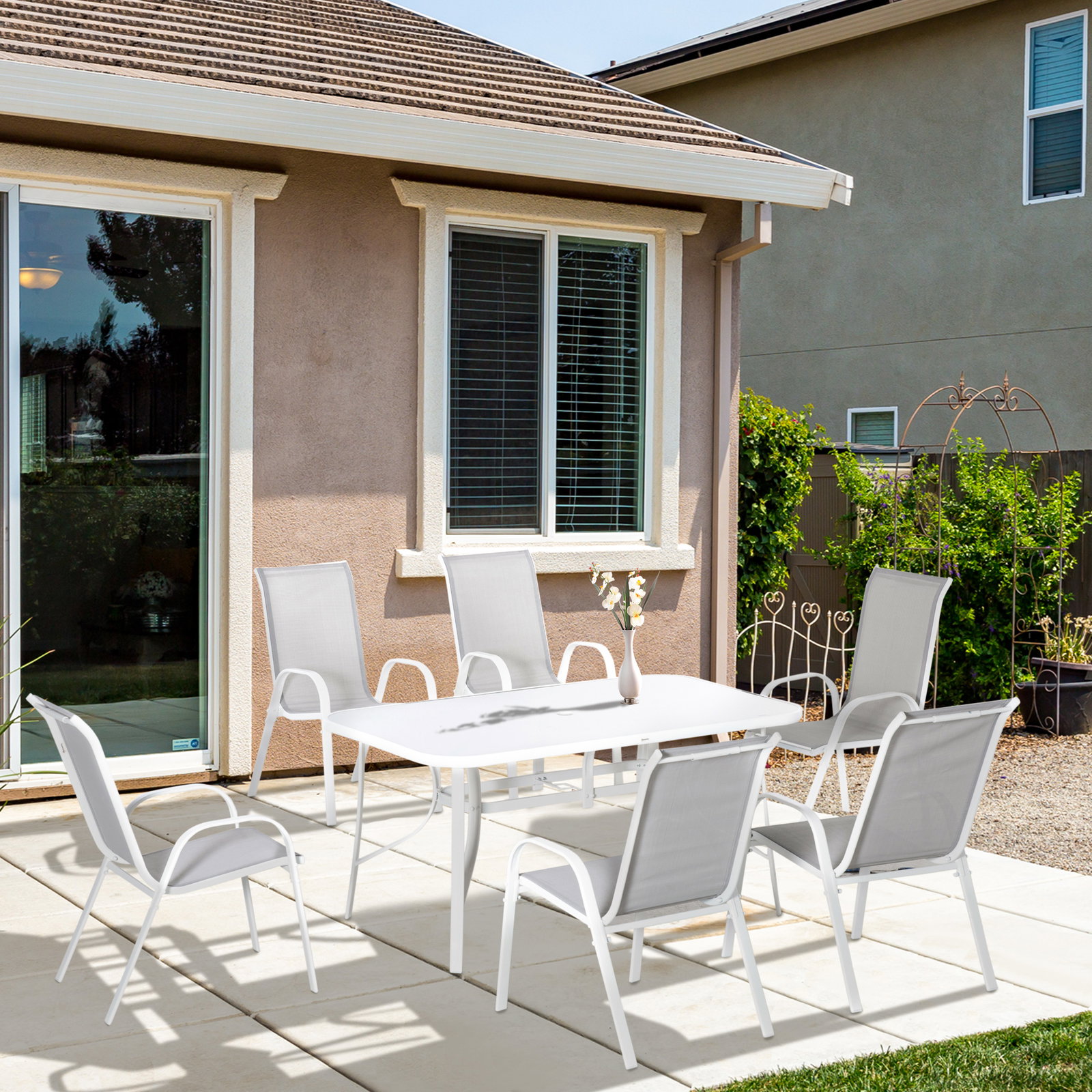 Conjunto de jardim refeição de 7 peças jogo de mesa e 6 cadeiras para terraço com tampo de vidro cinza