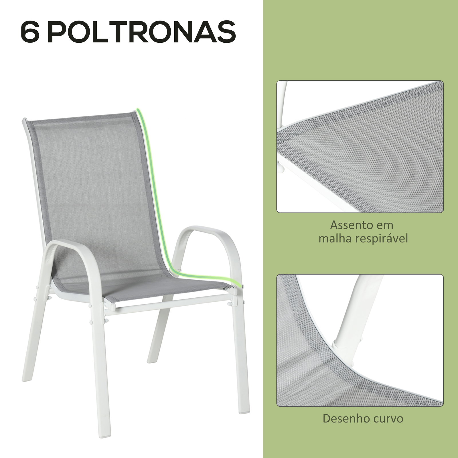 Conjunto de jardim refeição de 7 peças jogo de mesa e 6 cadeiras para terraço com tampo de vidro cinza