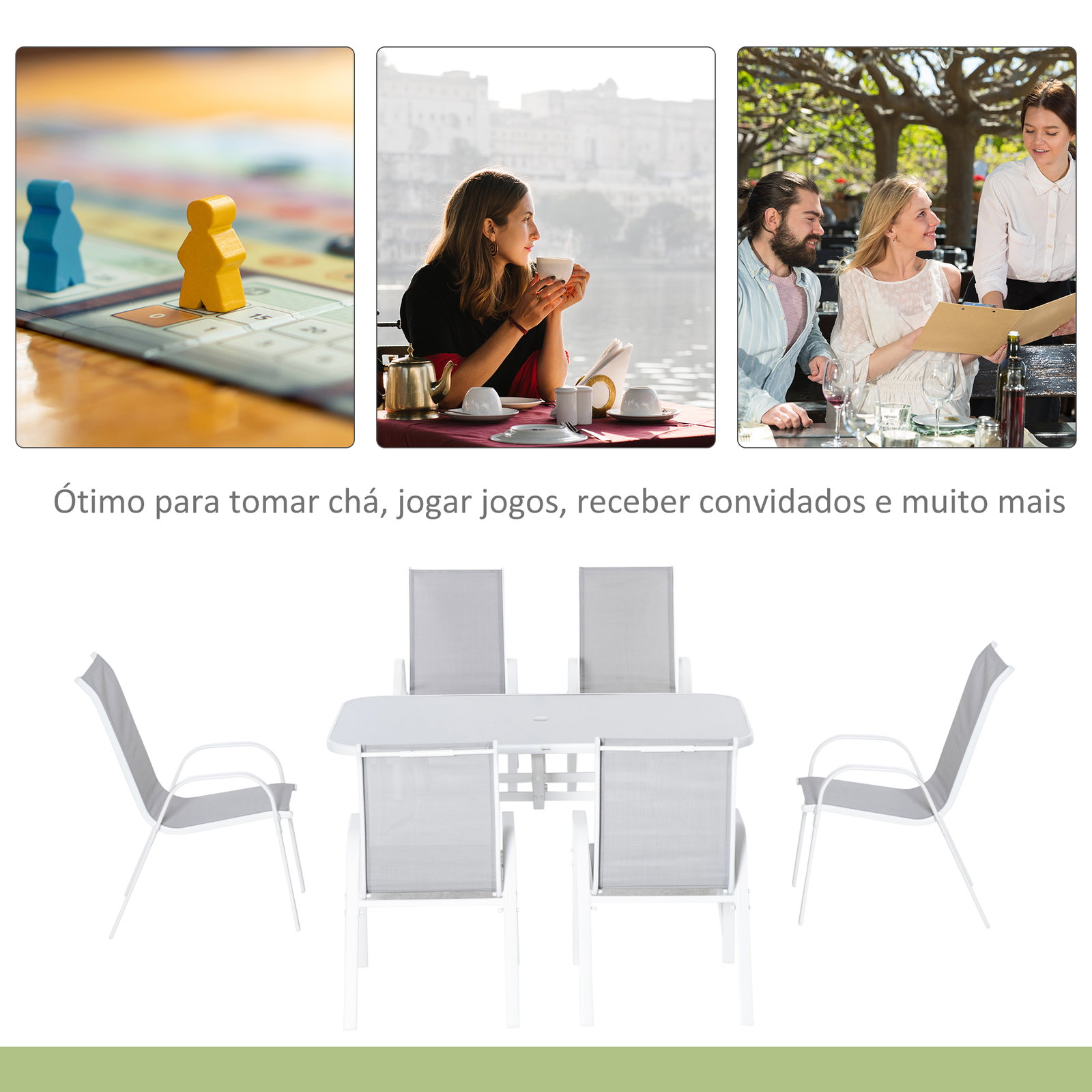 Conjunto de jardim refeição de 7 peças jogo de mesa e 6 cadeiras para terraço com tampo de vidro cinza