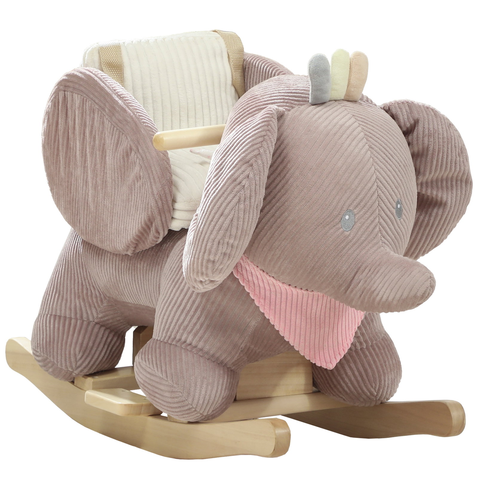 Cavalo baloiço para bebés com som de elefante e cinto de segurança de 3 pontos base em madeira de álamo 65x35x50 cm castanho