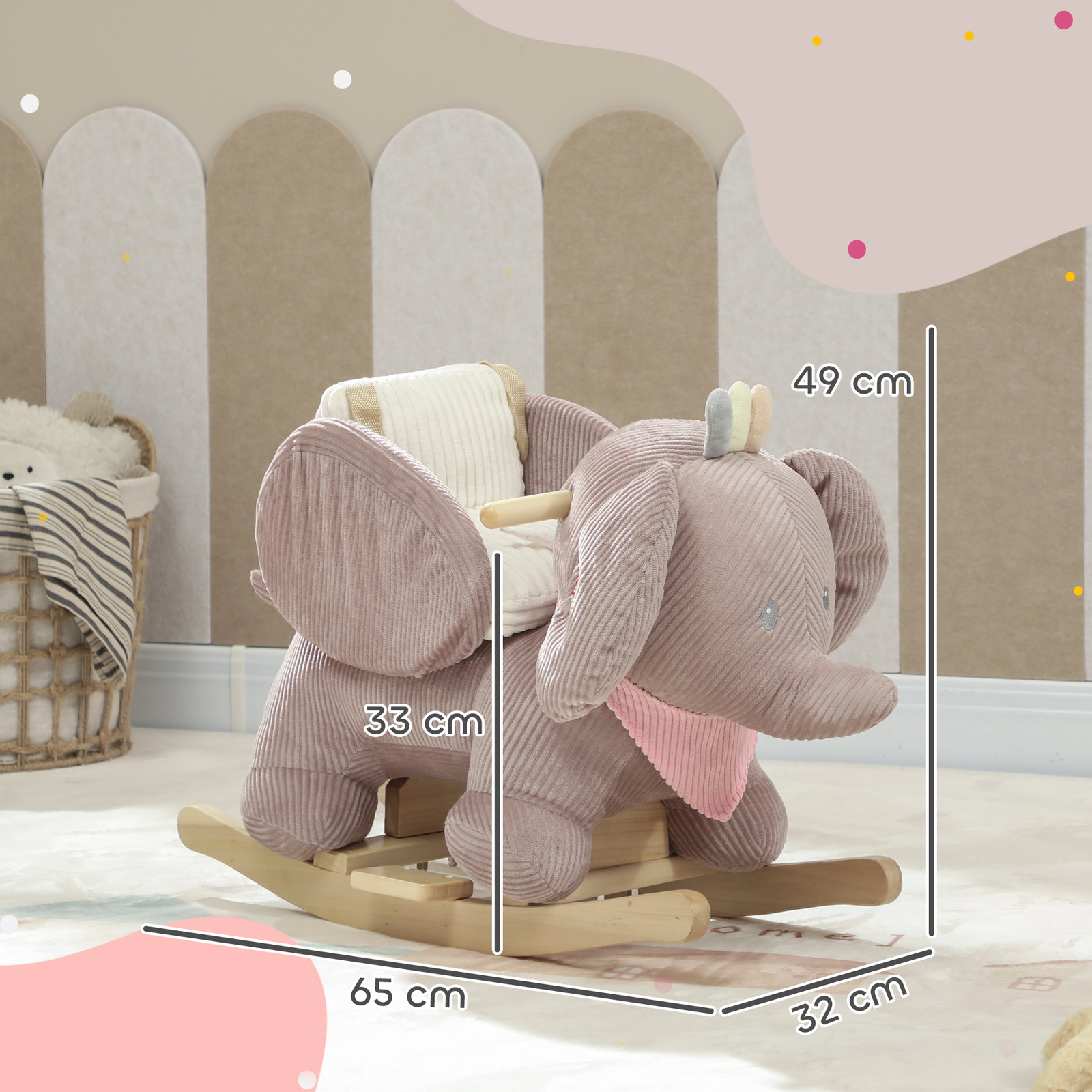 Cavalo baloiço para bebés com som de elefante e cinto de segurança de 3 pontos base em madeira de álamo 65x35x50 cm castanho