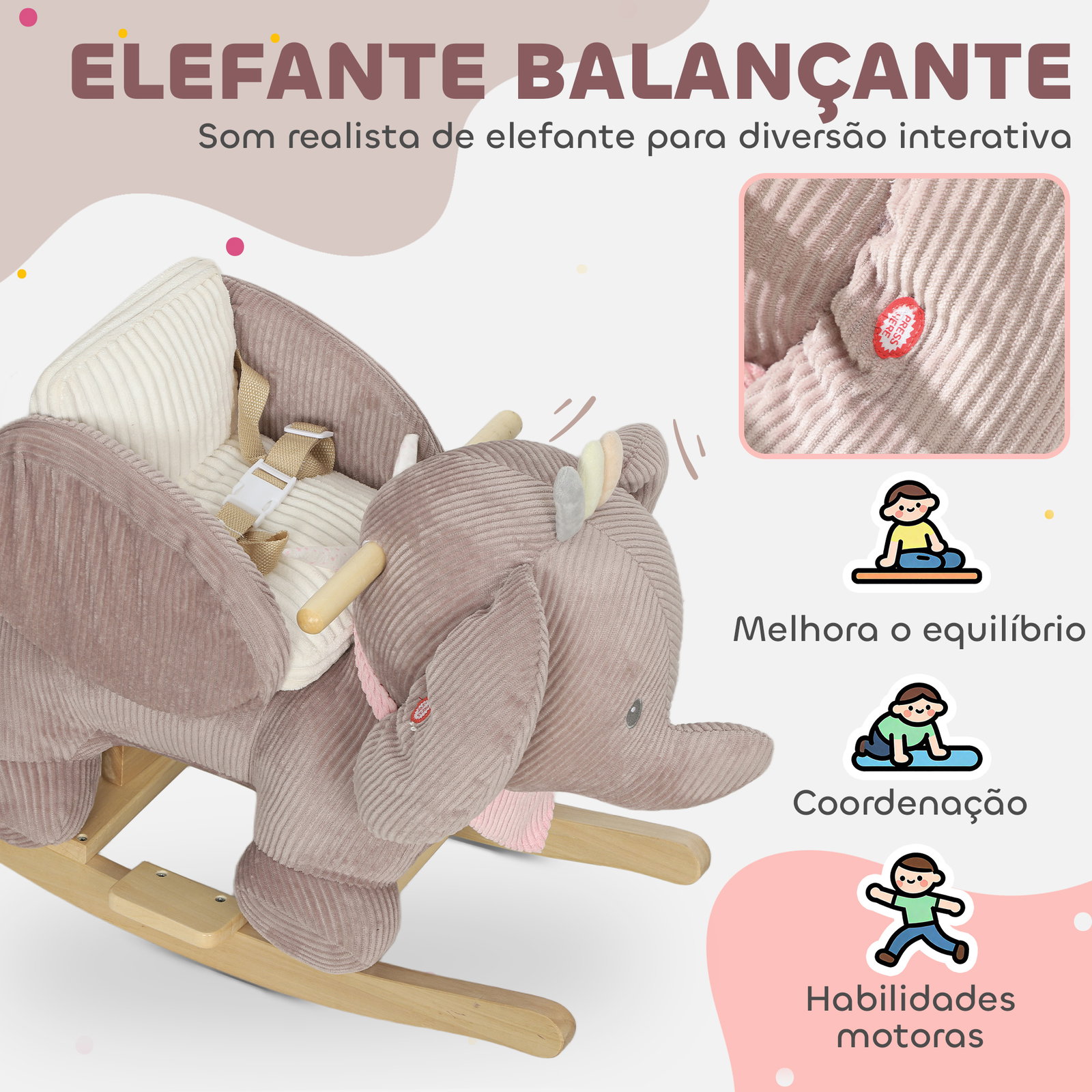 Cavalo baloiço para bebés com som de elefante e cinto de segurança de 3 pontos base em madeira de álamo 65x35x50 cm castanho