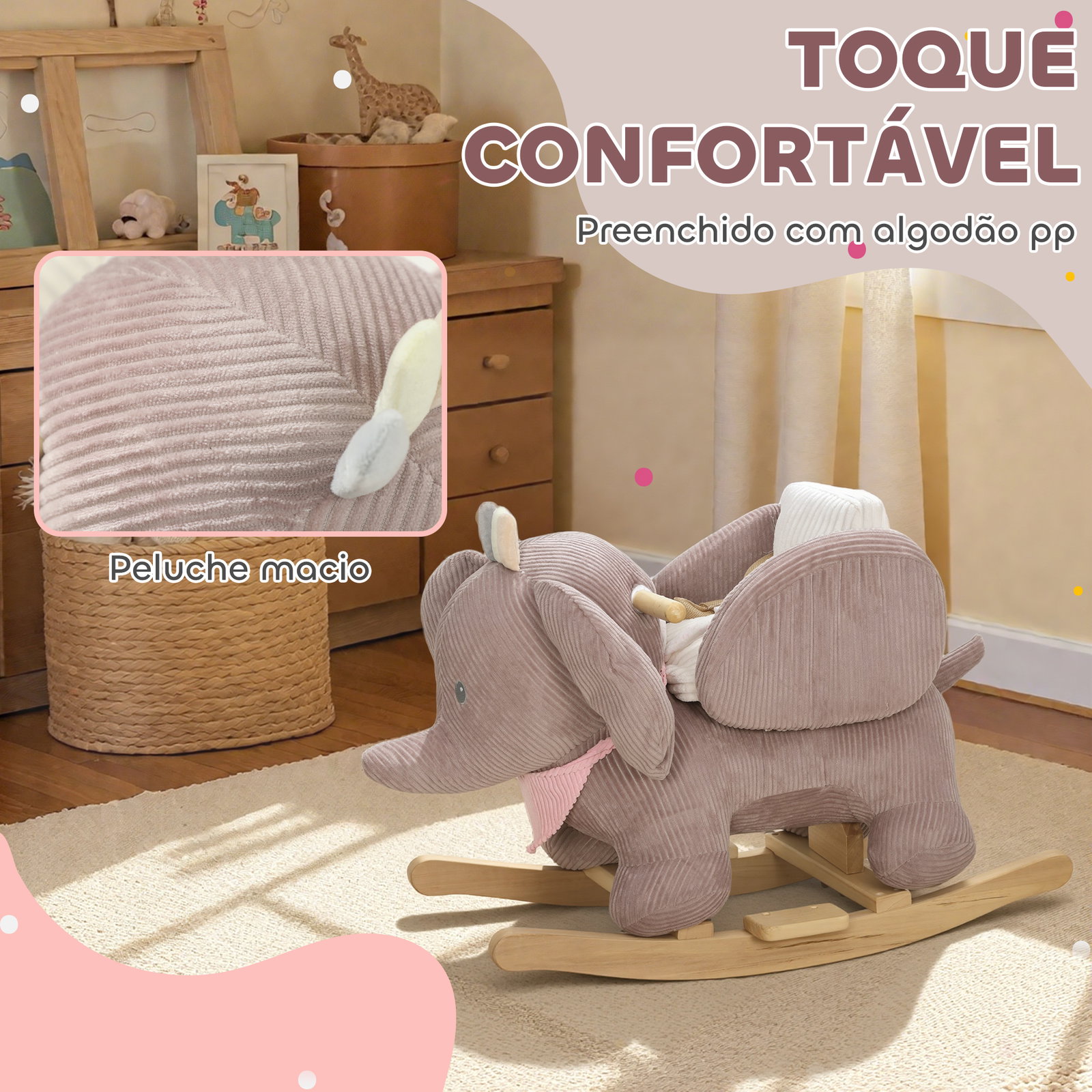 Cavalo baloiço para bebés com som de elefante e cinto de segurança de 3 pontos base em madeira de álamo 65x35x50 cm castanho