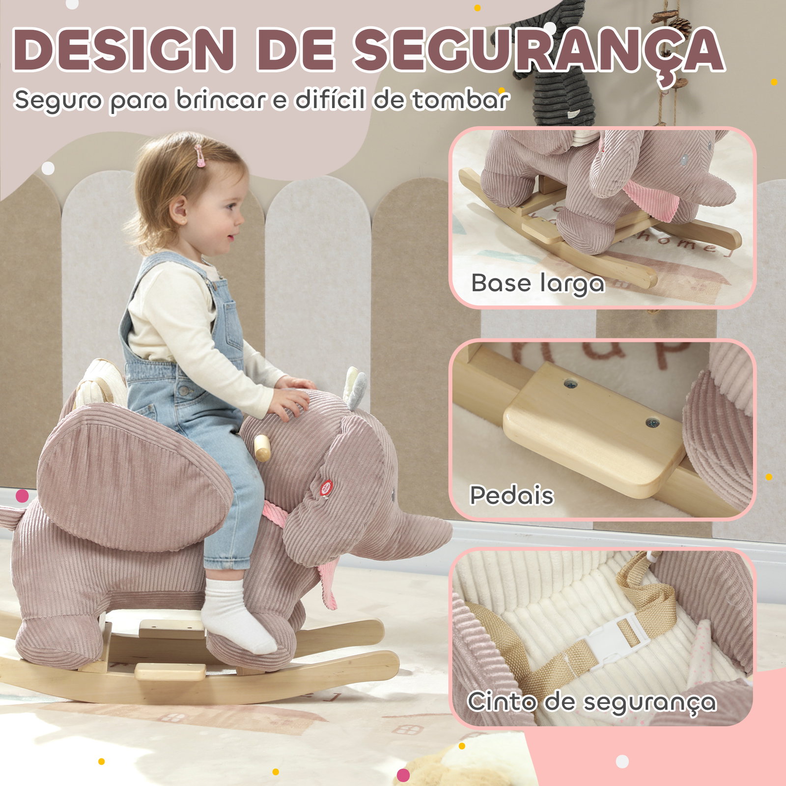 Cavalo baloiço para bebés com som de elefante e cinto de segurança de 3 pontos base em madeira de álamo 65x35x50 cm castanho