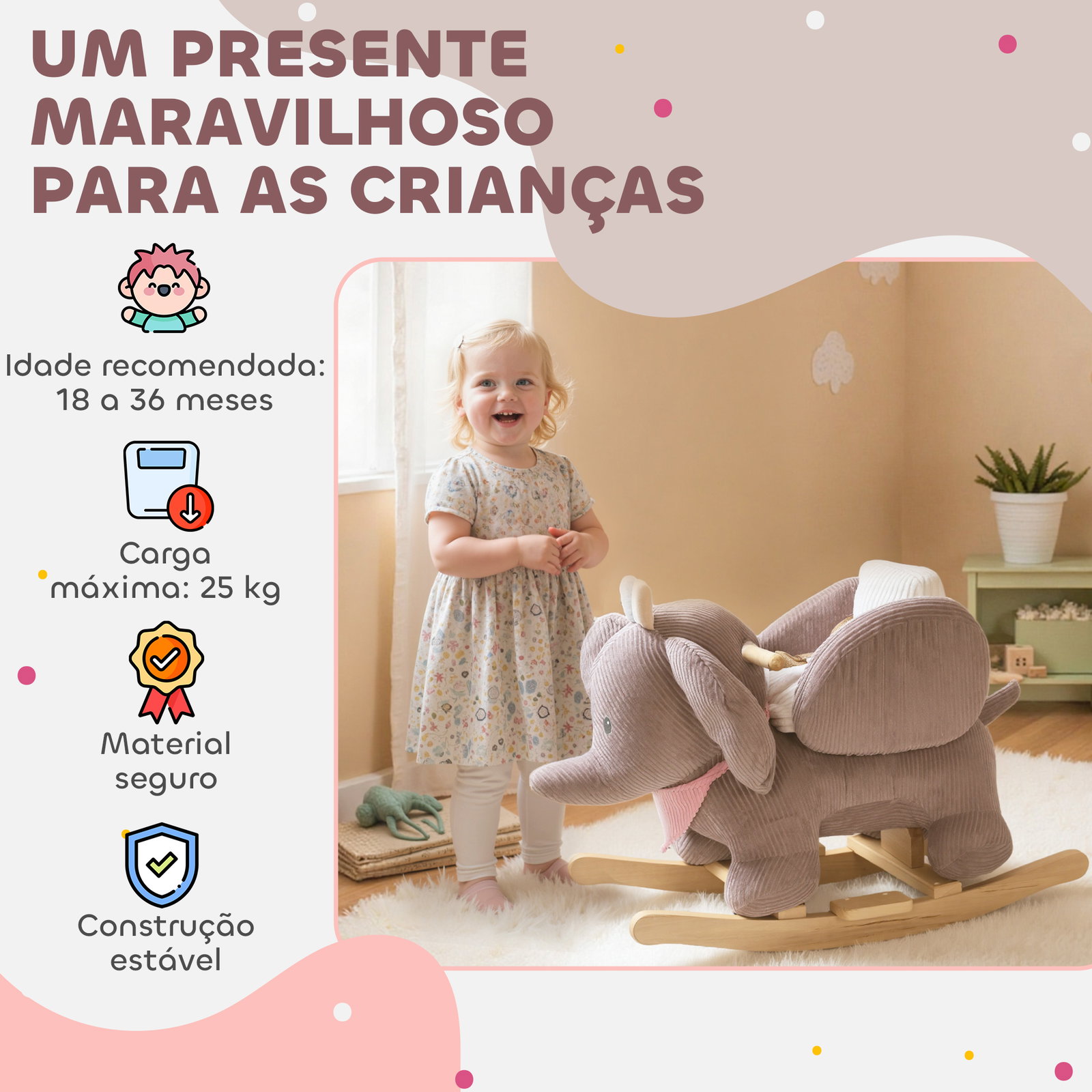 Cavalo baloiço para bebés com som de elefante e cinto de segurança de 3 pontos base em madeira de álamo 65x35x50 cm castanho