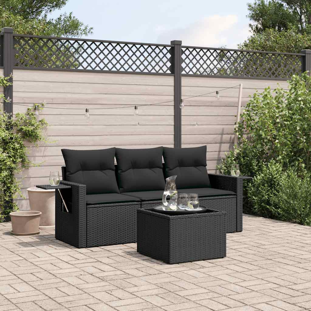 4 Pcs conjunto de sofás para jardim c/ almofadões vime PE preto