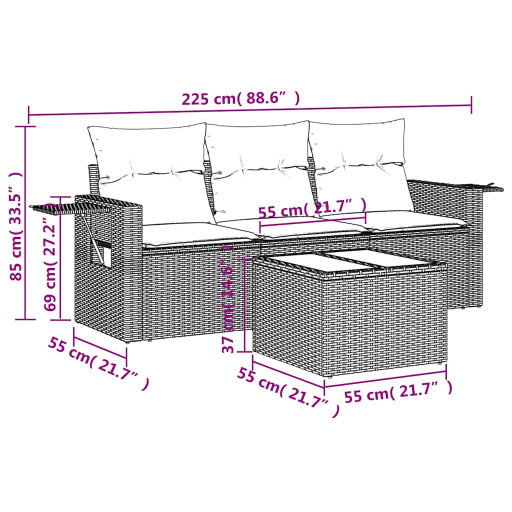 4 Pcs conjunto de sofás para jardim c/ almofadões vime PE preto