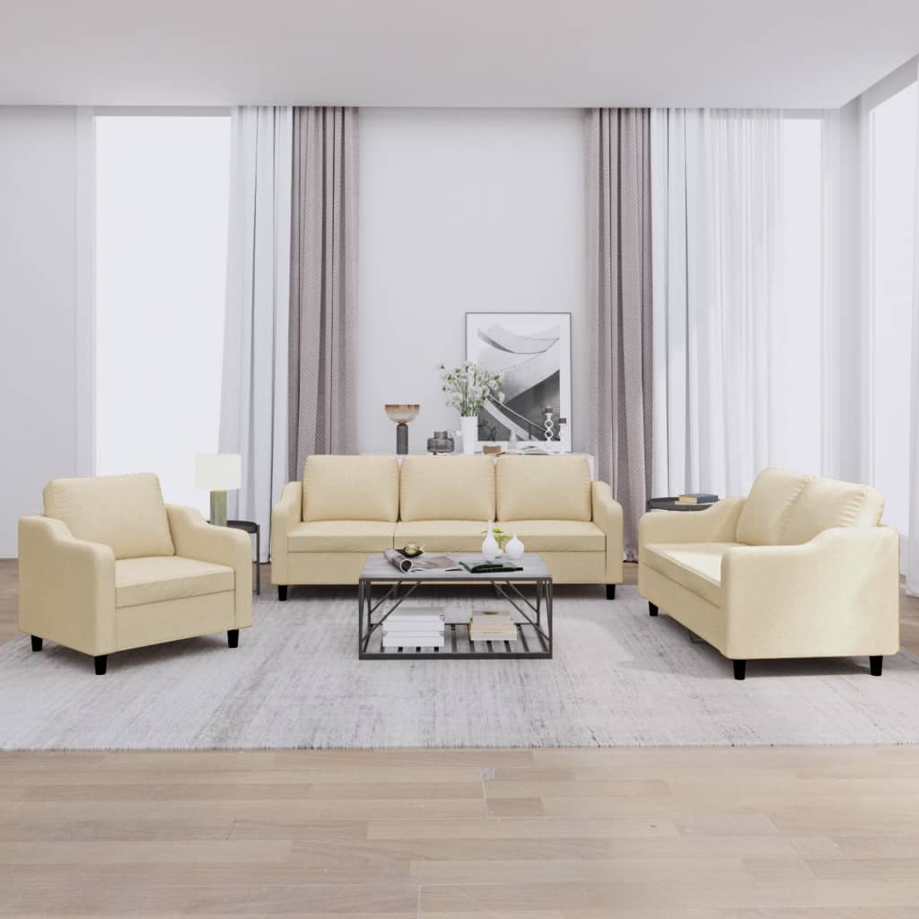 3 Pcs conjunto de sofás com almofadões tecido cor creme