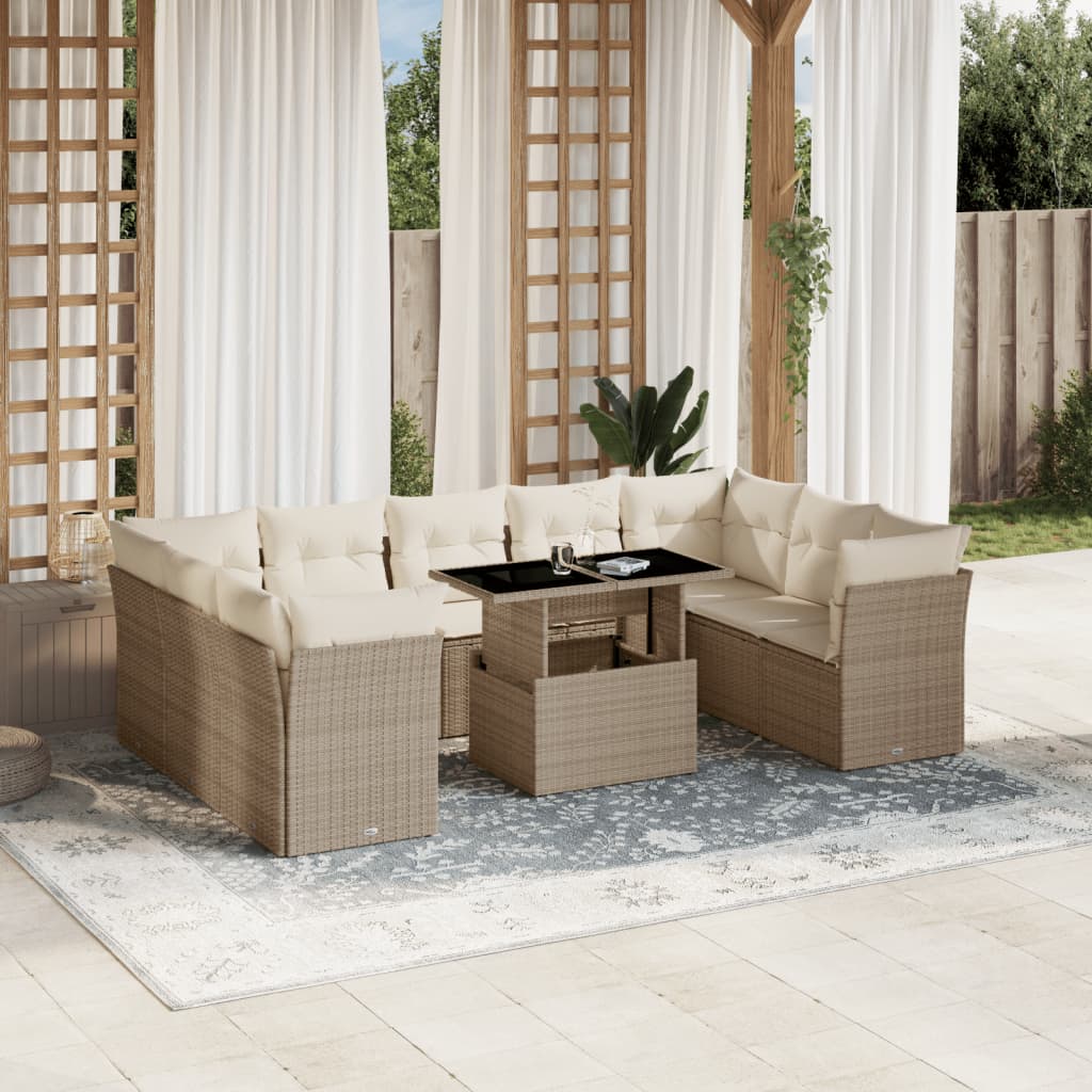 10 Pcs conjunto de sofás p/ jardim com almofadões vime PE bege