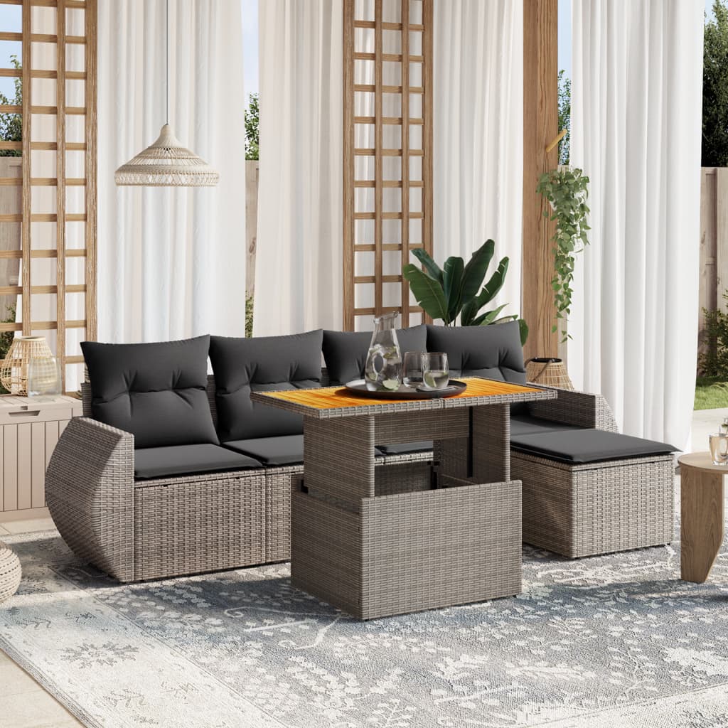 6 Pcs conjunto sofás de jardim com almofadões vime cinzento