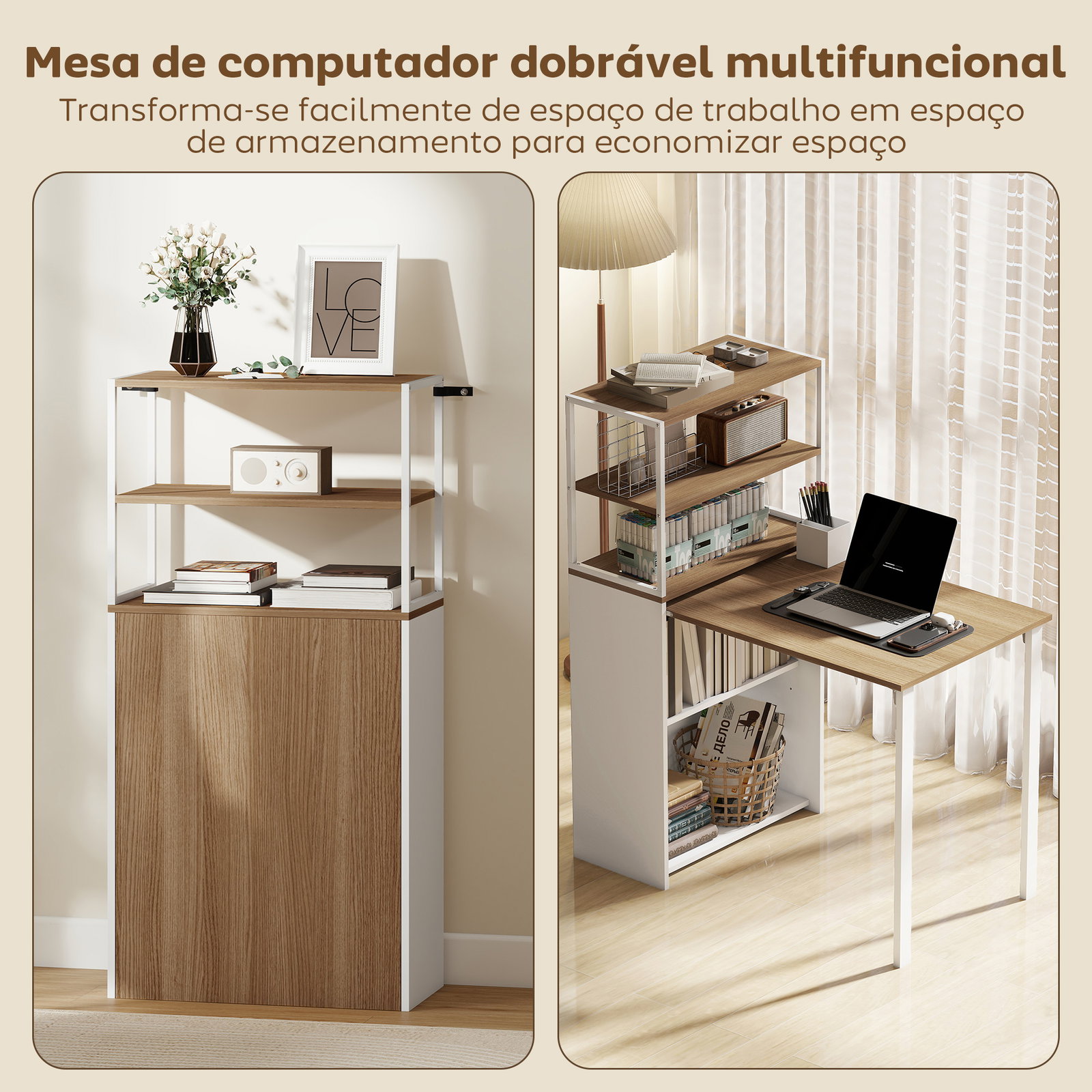 Secretária dobrável com 4 prateleiras para espaços pequenos estúdio, escritório em casa 105x60x127 cm madeira
