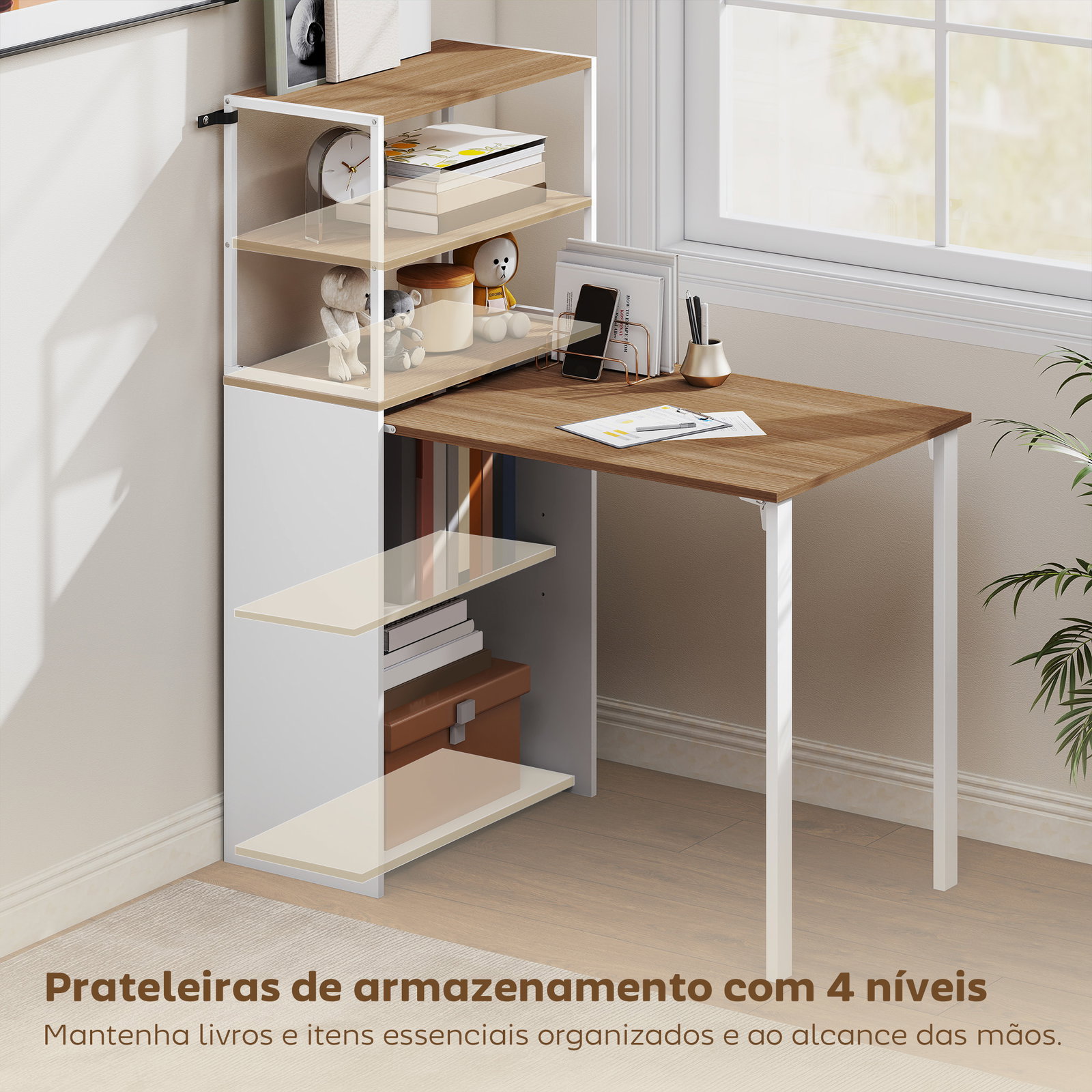 Secretária dobrável com 4 prateleiras para espaços pequenos estúdio, escritório em casa 105x60x127 cm madeira