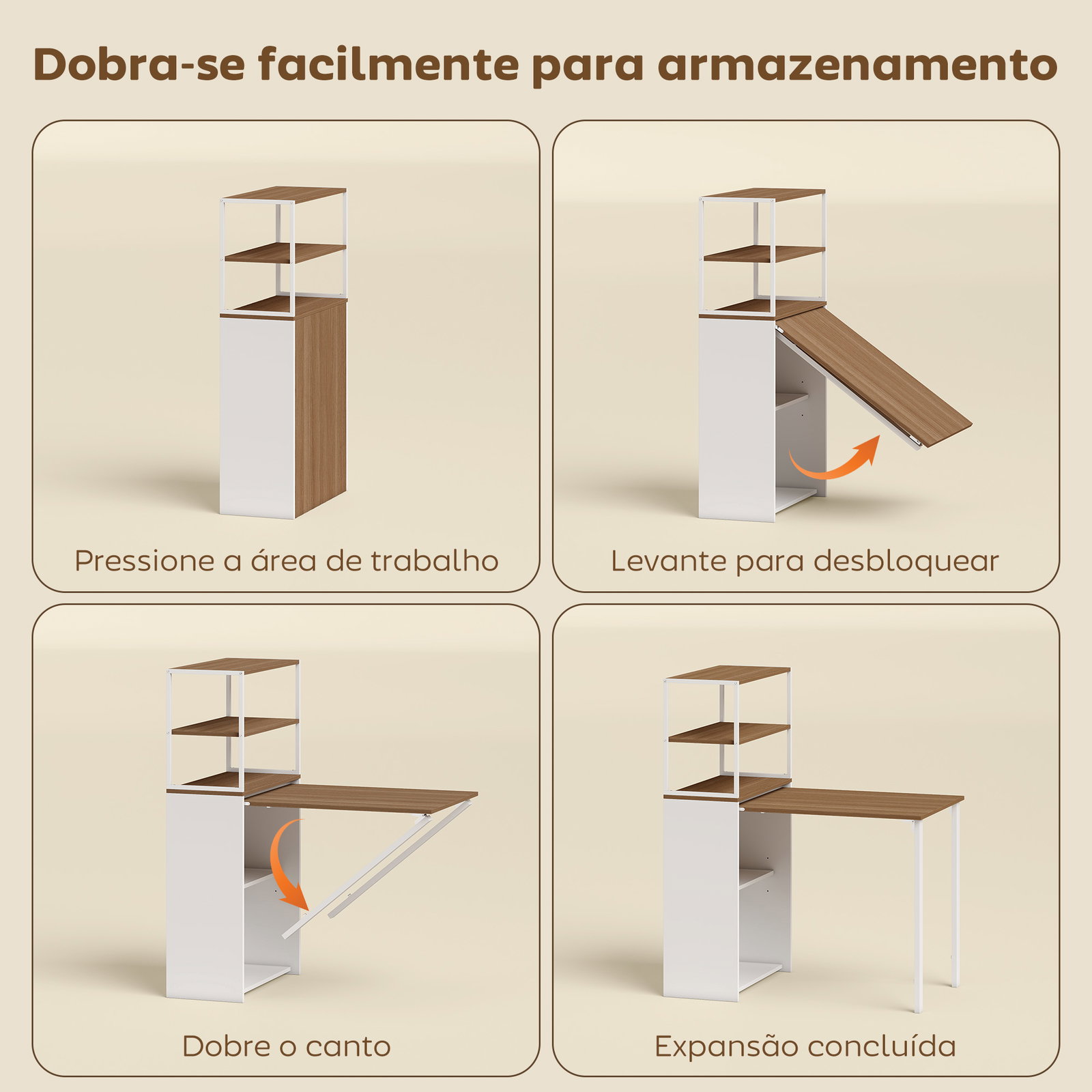 Secretária dobrável com 4 prateleiras para espaços pequenos estúdio, escritório em casa 105x60x127 cm madeira