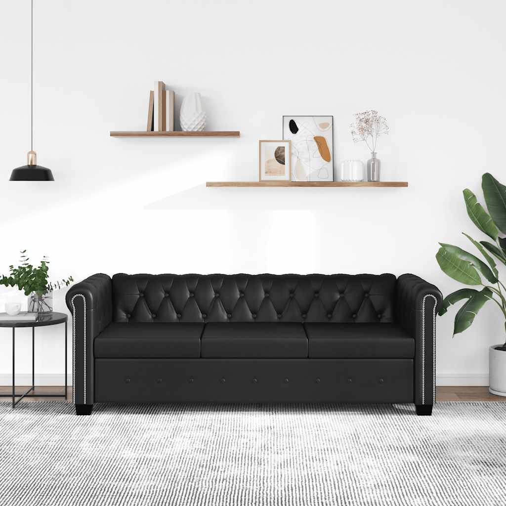Sofá chesterfield de 3 lugares em couro artificial preto