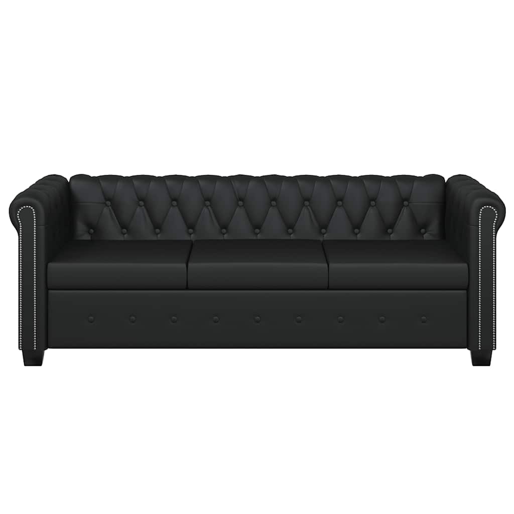 Sofá chesterfield de 3 lugares em couro artificial preto