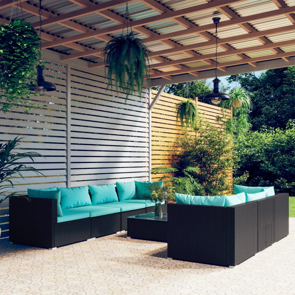 8 Pcs conjunto lounge de jardim c/ almofadões vime PE preto