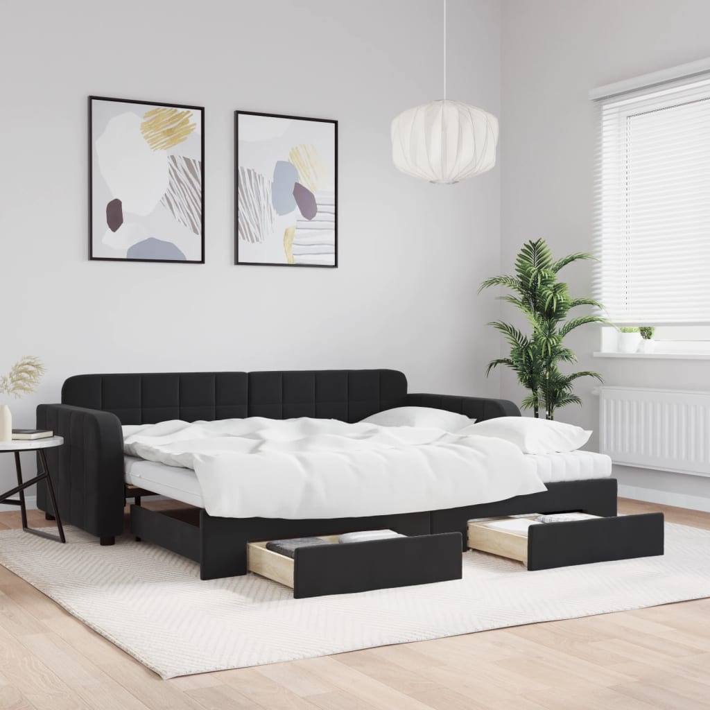 Sofá-cama com gavetão e gavetas 90x200 cm veludo preto