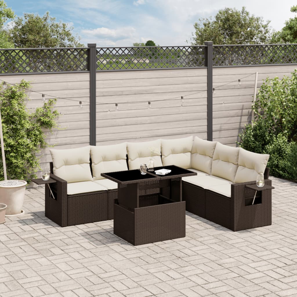 7 Pcs conjunto de sofás jardim c/ almofadões vime PE castanho